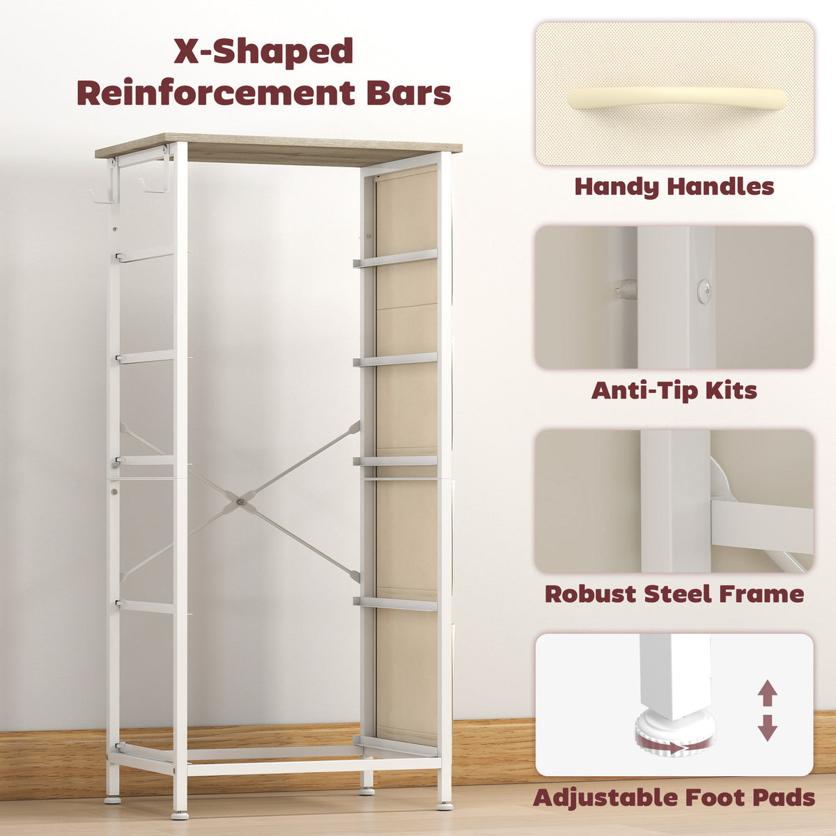 HOMCOM Chest of Drawers, Dresser with 5 Fabric Drawers, Tall Storage Unit with 4 Pockets and 2 Hooks Steel Frame, Natural Wood