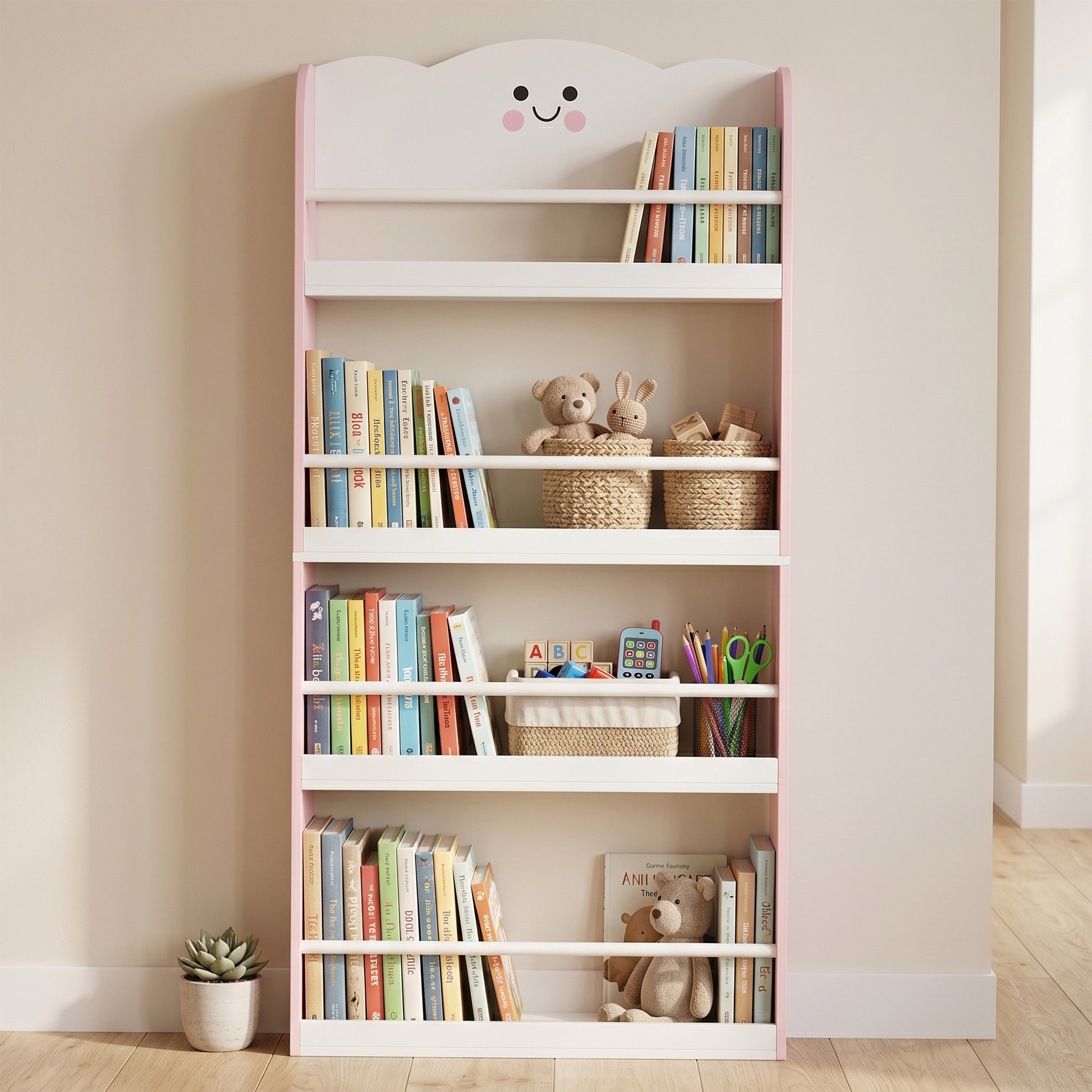 AIYAPLAY 4 Tier Kids Bookshelf, Wall-Mounted Children Bookcase, Toddler Space-Saving Bookcase for Kids Room, Playroom, Pink