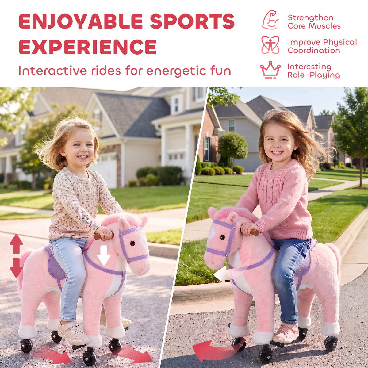 AIYAPLAY Rocking Horse, Plush Ride On Horse with Hoof Sounds, Music, Rolling Wheels and Pedal for 3-7 Years, Up to 50kg, Pink