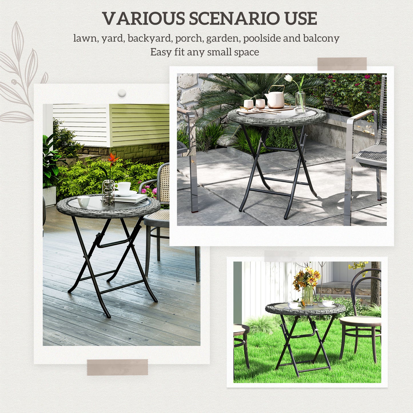 Outsunny Folding Rattan Garden Dining Table, 68 cm Round Rattan Garden Table with Water Ripple Tempered Glass Top, Wicker Edging  and Steel Frame for Outdoor, Patio, Grey
