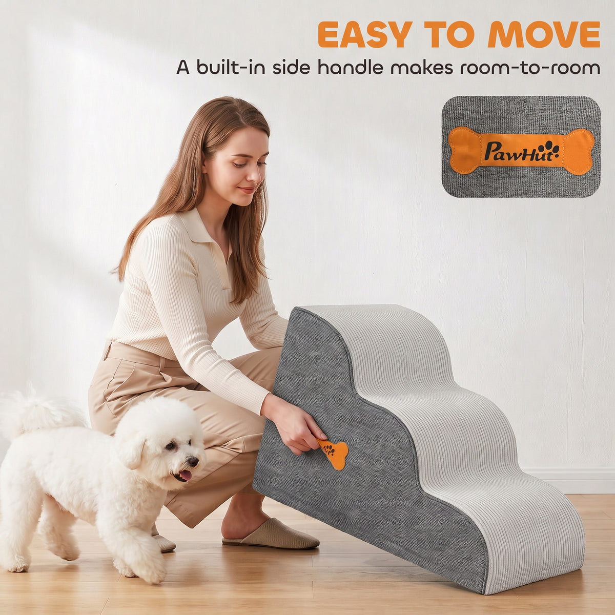 PawHut Dog Steps for Bed and Sofa, 3-Step Non-Slip Dog Stairs with Removable Washable Cover, Carry Handle, Light Grey