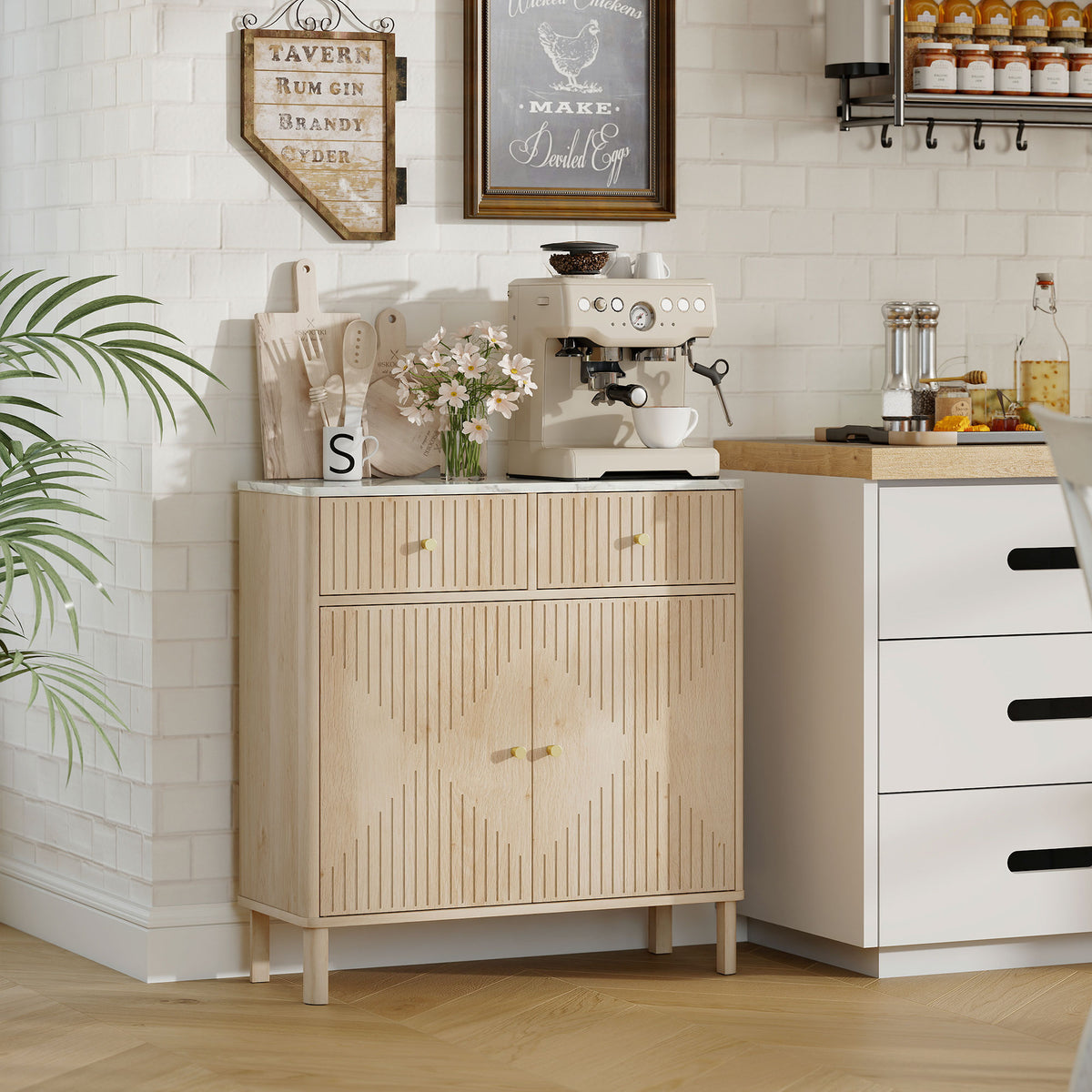 HOMCOM Sideboard Storage Cabinet, Fluted Kitchen Cupboard with Marble-Effect Top, 2 Drawers, 2 Doors and Adjustable Shelf, Oak