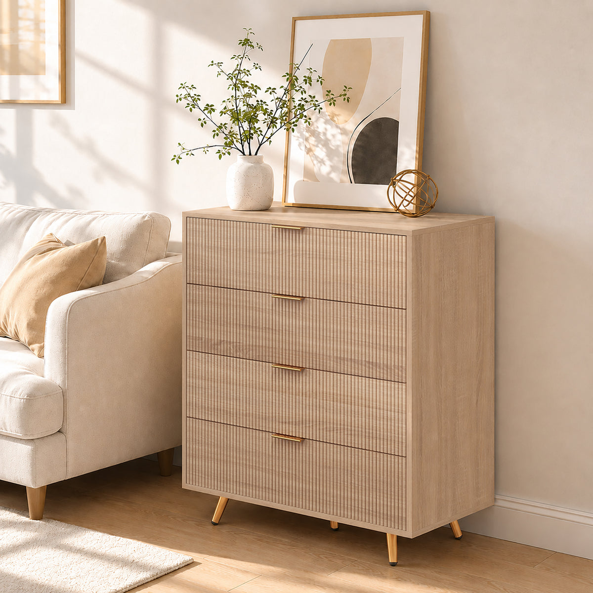 HOMCOM Bedroom Chest of Drawers with 4 Drawers, Fluted Dresser with Gold Tone Handles, Storage Cabinet, Natural