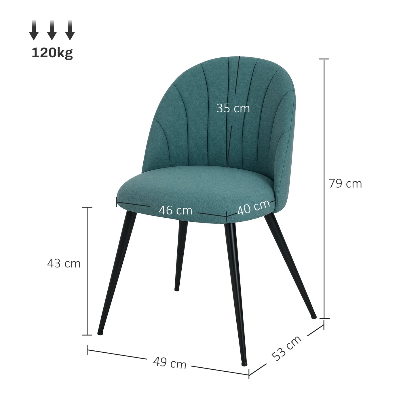 HOMCOM Dining Chairs Set of 2, Modern Upholstered Kitchen Chairs with Metal Legs, Shell Backrest and Padded Seat for Dining Room, Bedroom, Living Room, Vanity, Green