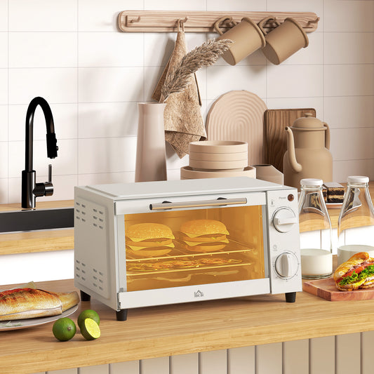 HOMCOM Mini Oven, 9L Countertop Electric Grill, Toaster Oven with Adjustable Temperature, Timer, Dishwasher Safe Baking Tray and Wire Rack, 750W, Cream