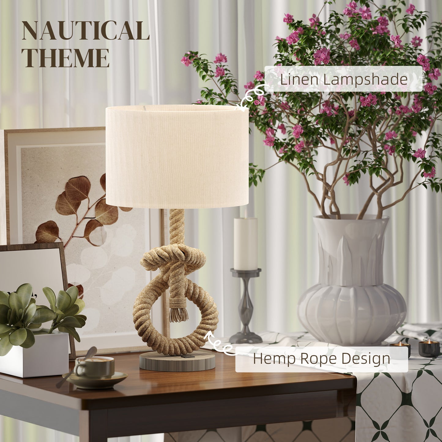 HOMCOM Nautical LED Table Lamp with USB Charging Port, Bedside Desk Lamp for Bedroom, Living Room, Home Office