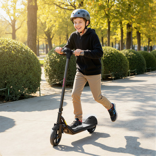 <ul style="list-style:disc;margin-left:15px;"><li>Kick-to-start motor: This kids e-scooter requires a push to 5 km/h before the motor activates for a steady