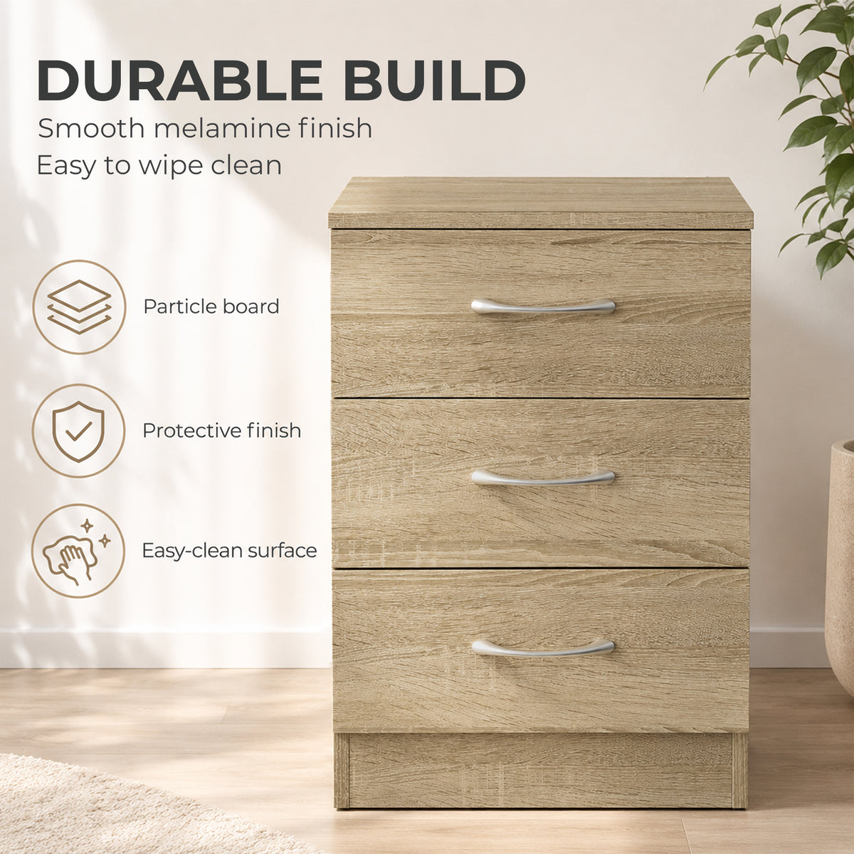HOMCOM Three-Drawer Simple Bedside Table - Oak