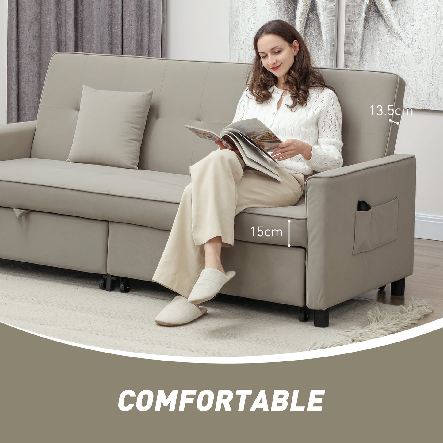 HOMCOM 3 Seater Velvet Sofa Bed, Convertible Pull-Out Sofa Bed with Adjustable Backrest, Space Saving Living Room Sofa, Beige