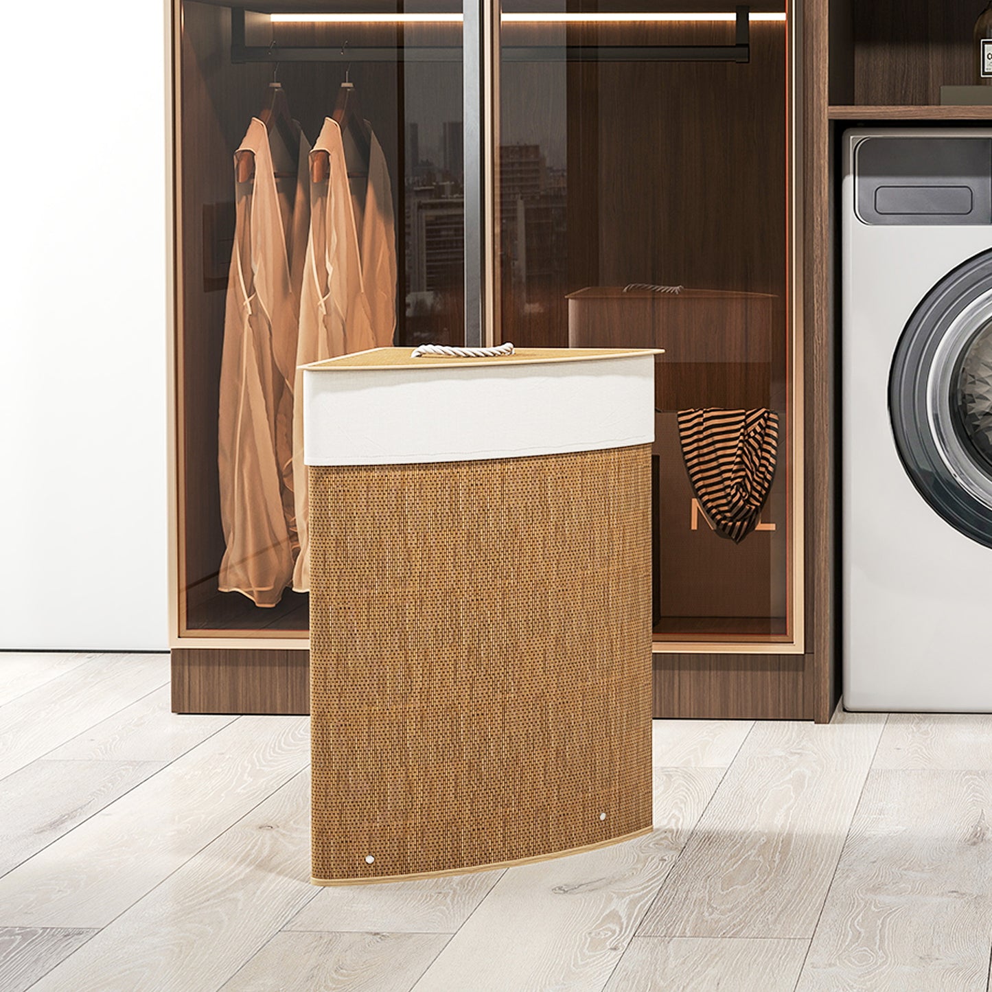 HOMCOM Bamboo Laundry Basket with Lid, 55L Corner Laundry Hamper with Removable Washable Liner Bag, Bathroom Triangle Washing Basket, 35 x 35 x 60 cm, Brown