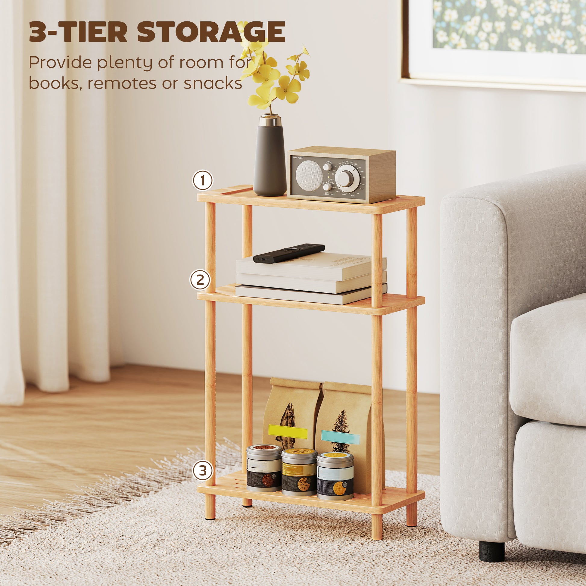 HOMCOM Bamboo Side Table, 3-Tier Slim End Table, Nordic Style, for Living Room, Bedroom, Office, Tool-Free Assembly, Natural Wood Finish