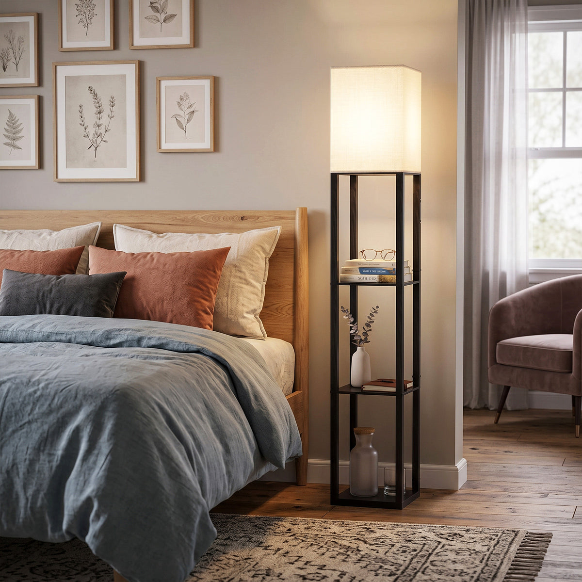 HOMCOM Floor Lamp with Shelves, Modern Dimmable Standing Lamp with Fabric Lampshade, Adjustable Colour Temperature, Black