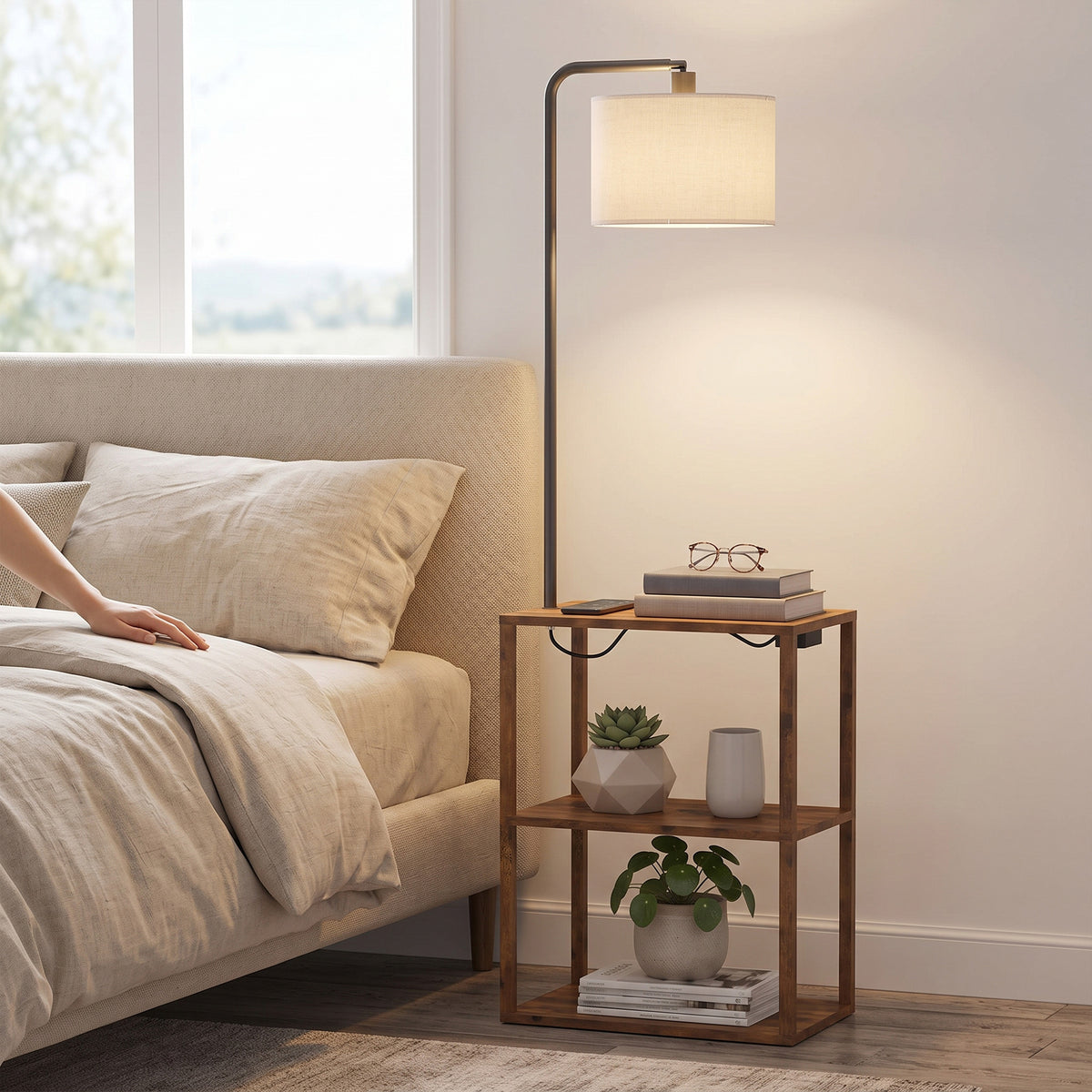 HOMCOM Dimmable Floor Lamp with Shelves, Charging Station, 3-Tier Storage Table, Adjustable Fabric Lampshade, Rustic Brown