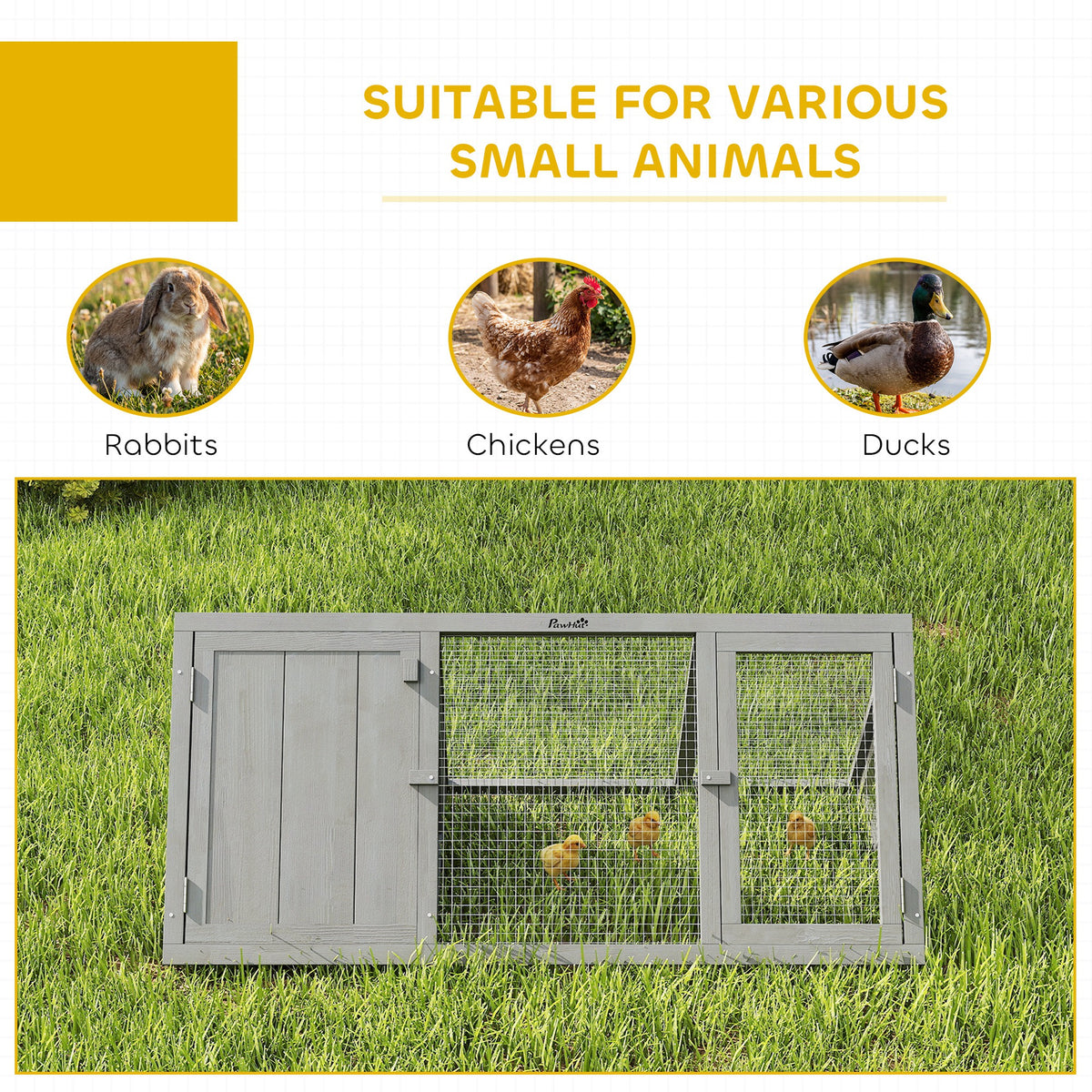 PawHut Rabbit Hutch, Wooden Guinea Pig Hutch with Run and Doors, Outdoor Triangle Bunny House for Rabbits,Duck and Chicken