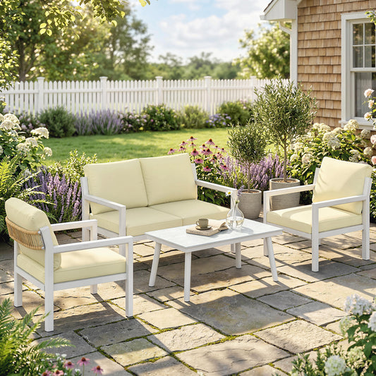Outsunny 4 Seater Rattan Garden Furniture Set with 2 Armchairs, Loveseat, Coffee Table, Garden Sofa Set with Cushions, Cream