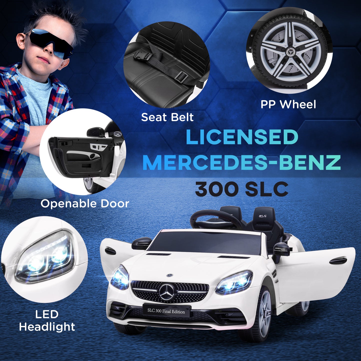HOMCOM Benz SLC 300  Licensed 12V Kids Electric Ride On, with Music, Remote Control, LED Headlights, Horn, White