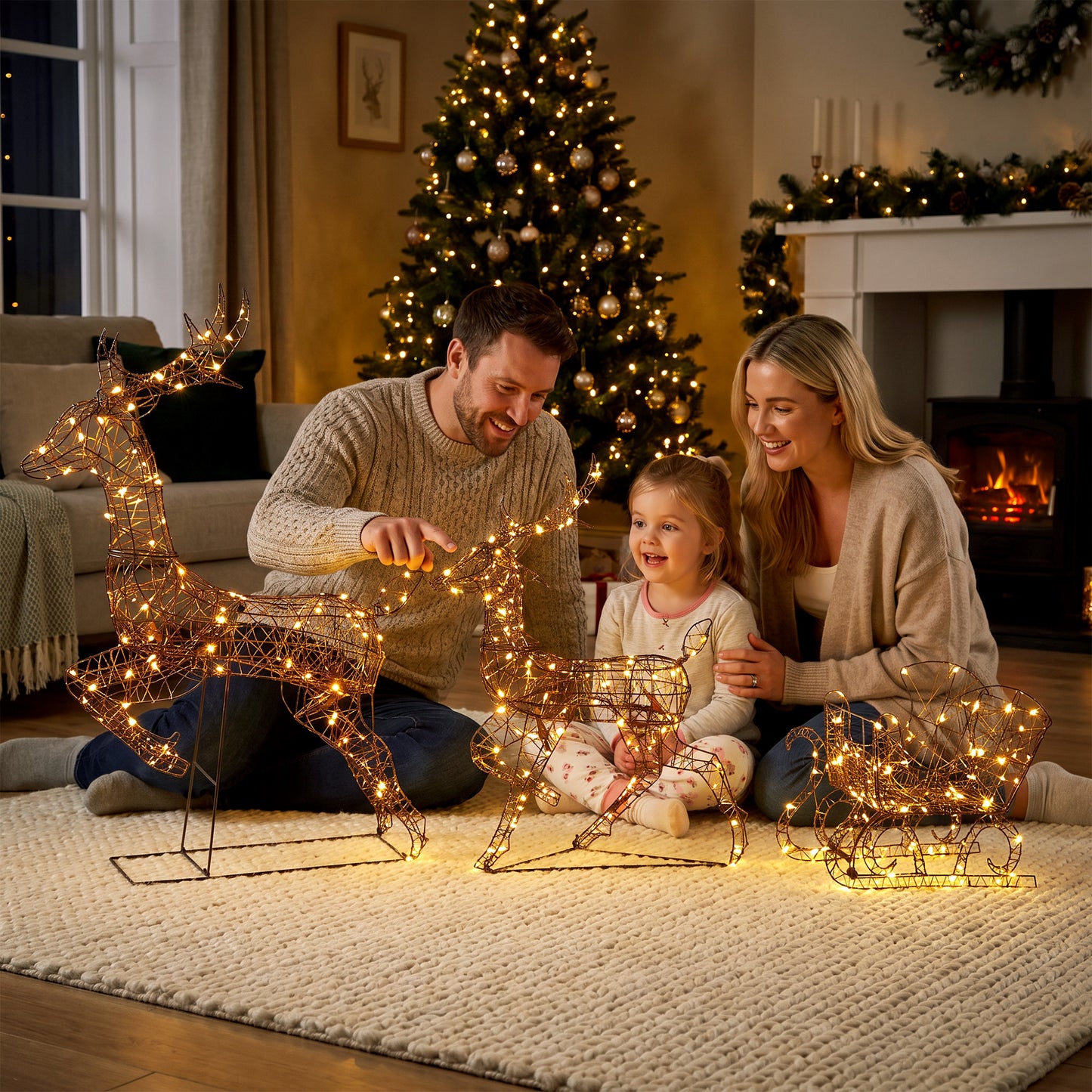 Outsunny 3-Piece Lighted Reindeer and Sleigh Set, PP Rattan Outdoor Christmas Decoration with LEDs, 8 Modes, Daily Timer