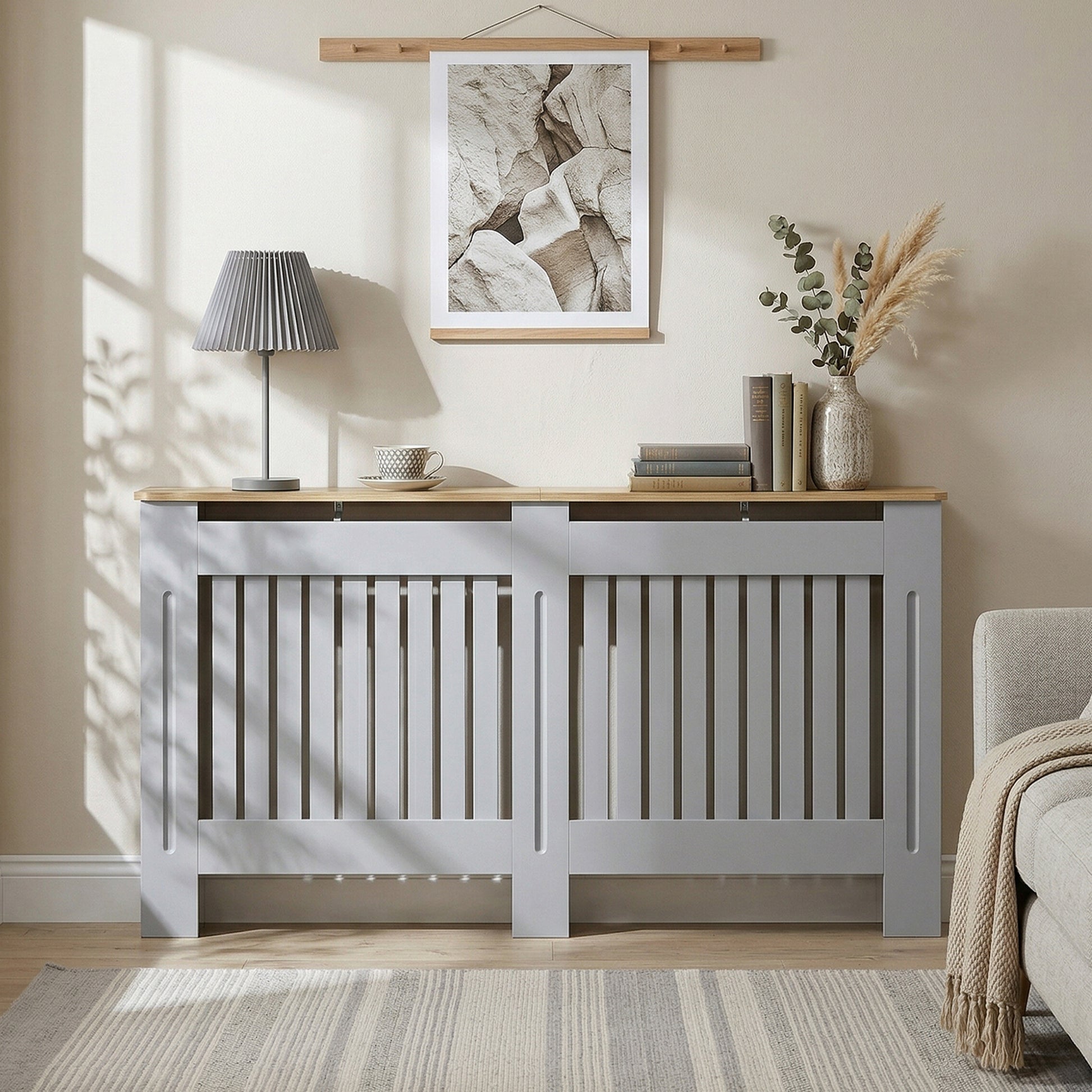 HOMCOM Slatted Radiator Cover, Painted Cabinet with Line Grill Design, 152L Ã— 19W Ã— 81H cm, Grey