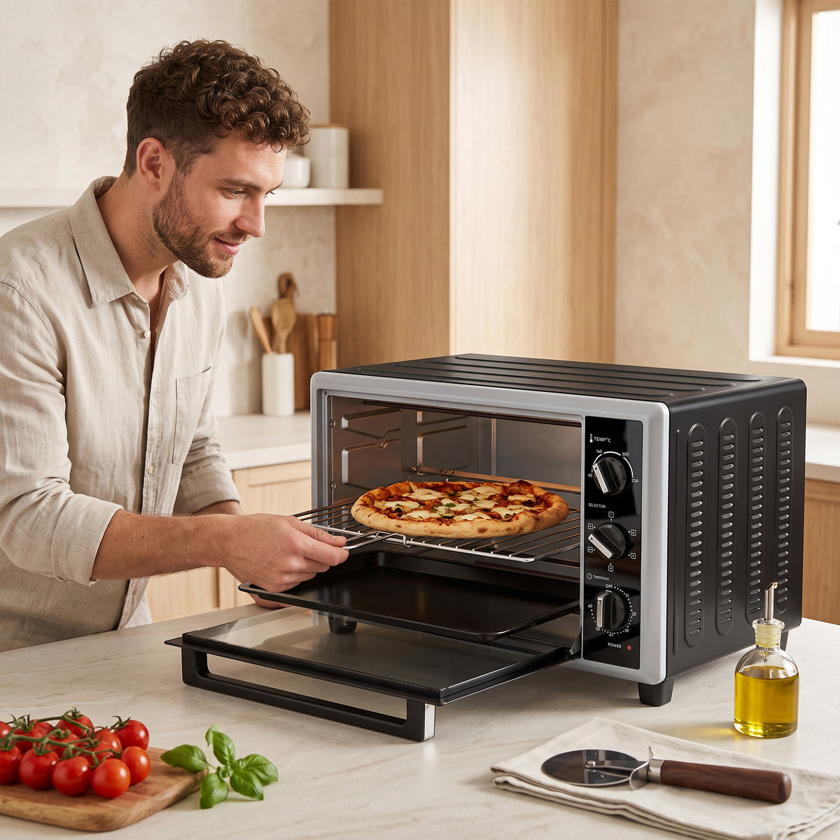 HOMCOM 36L Mini Oven with Convection, Electric Countertop Cooker with Rotisserie, 90â€“230Â°C Adjustable Temperature, 1500 W
