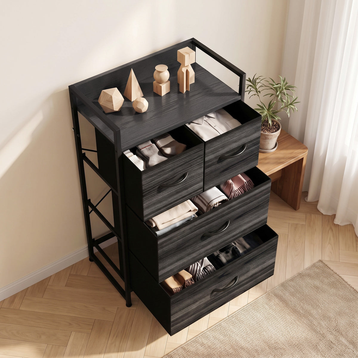 HOMCOM Rustic Chest of Four Fabric Drawers - Black Wood Effect