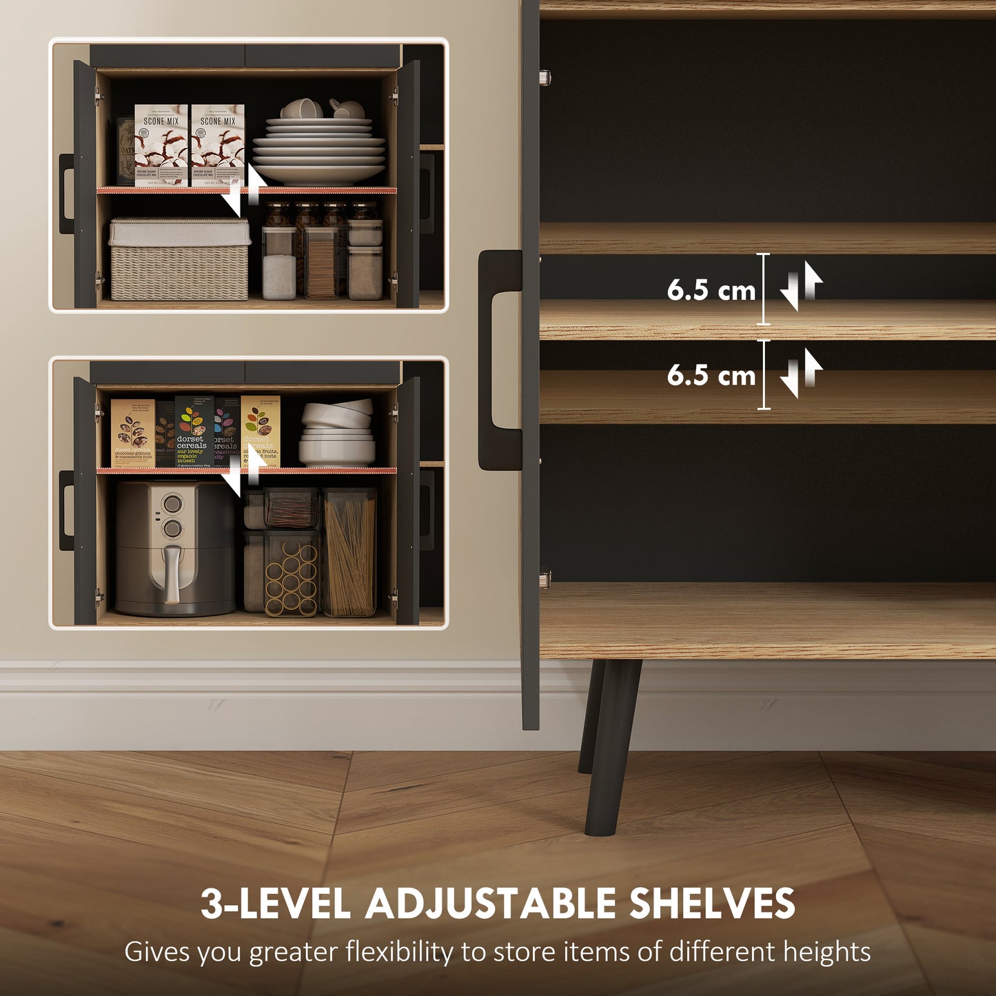 HOMCOM 176 cm Kitchen Cupboard with LED Lights - Oak and Black