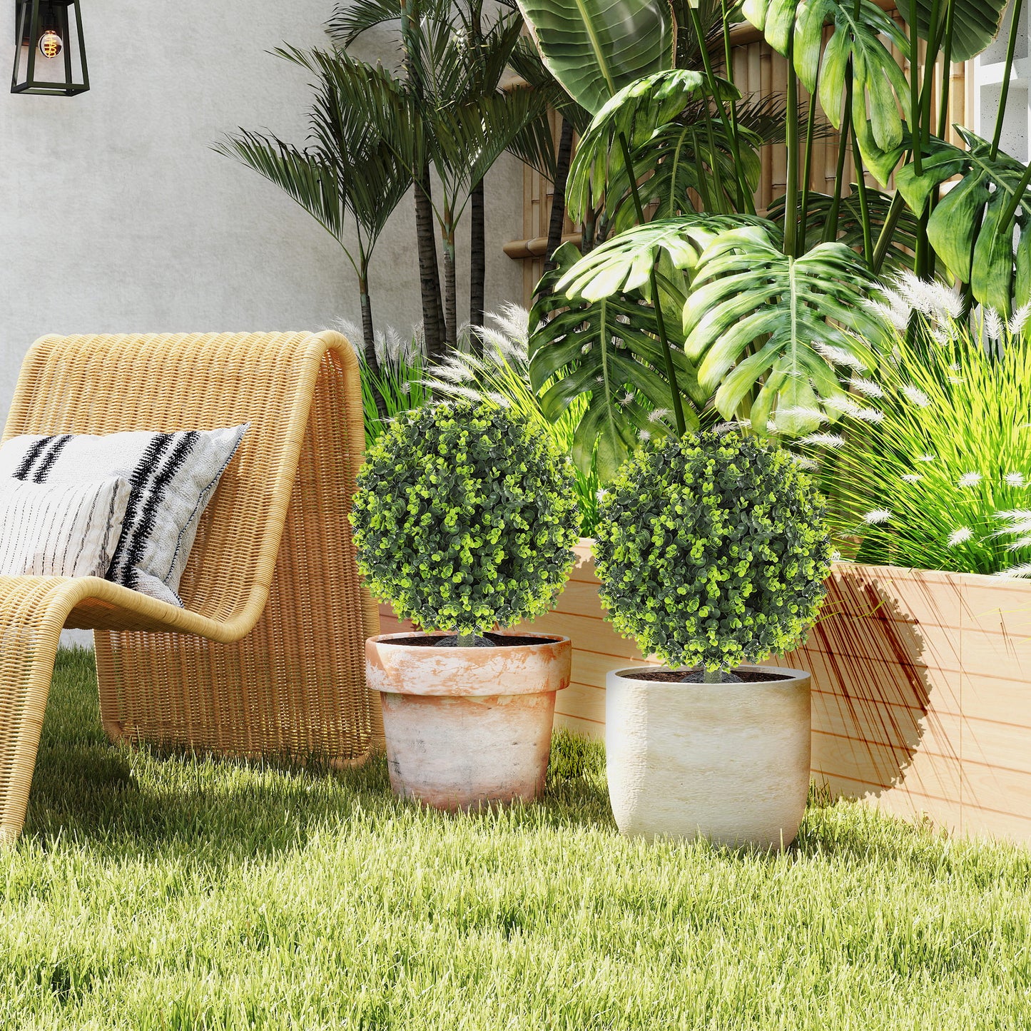 HOMCOM Set of 2 40 cm Artificial Boxwood Topiary Ball Bush with Integrated Ground Stake, Eucalyptus Leaves, Indoor Outdoor UV Resistant Faux Greenery, Faux Plants for Garden, Porch, Balcony