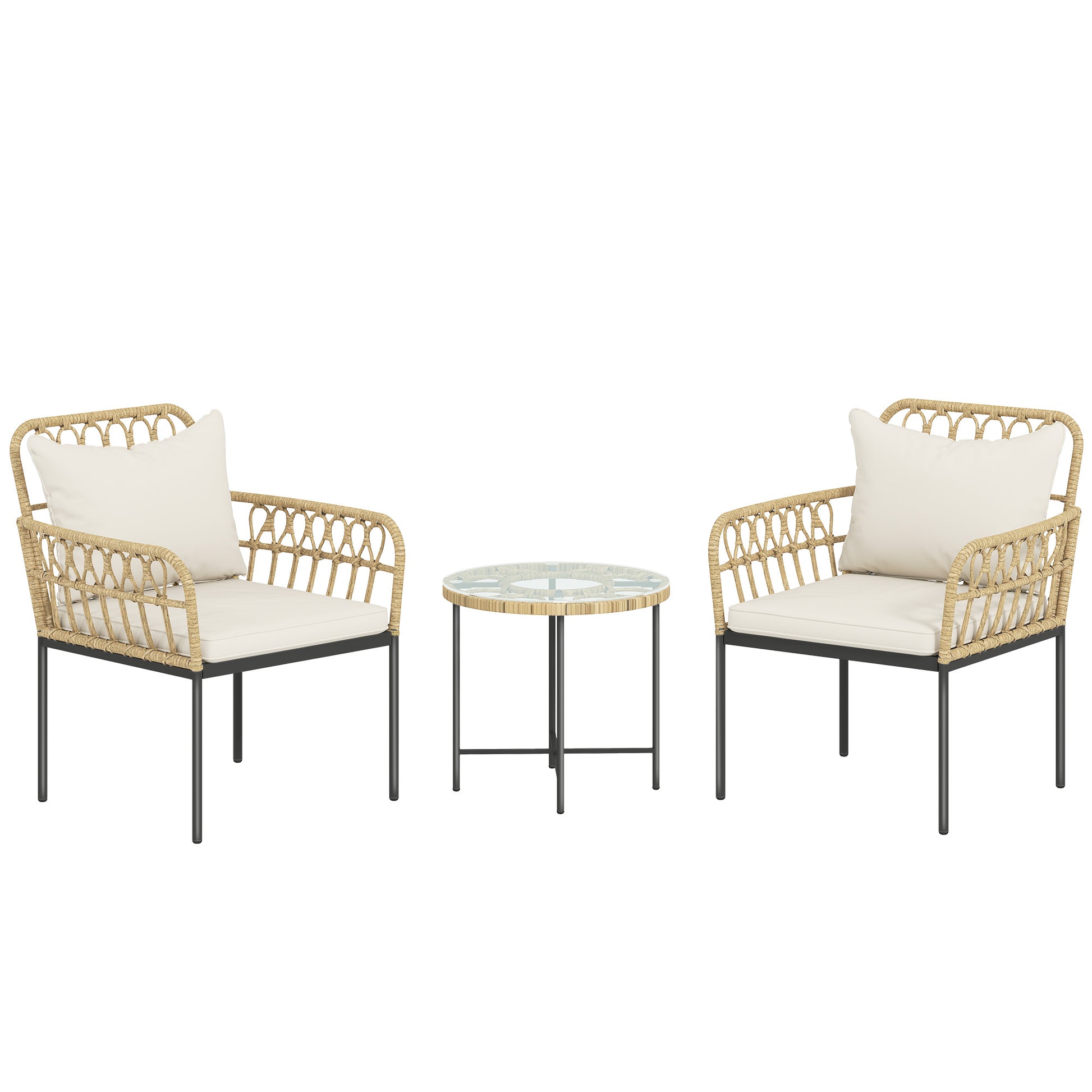 Outsunny 3 Piece Rattan Bistro Set, Wicker Garden Furniture Set with Cushions, Glass Top Coffee Table and Chairs for Outdoor, Patio, Balcony, Beige