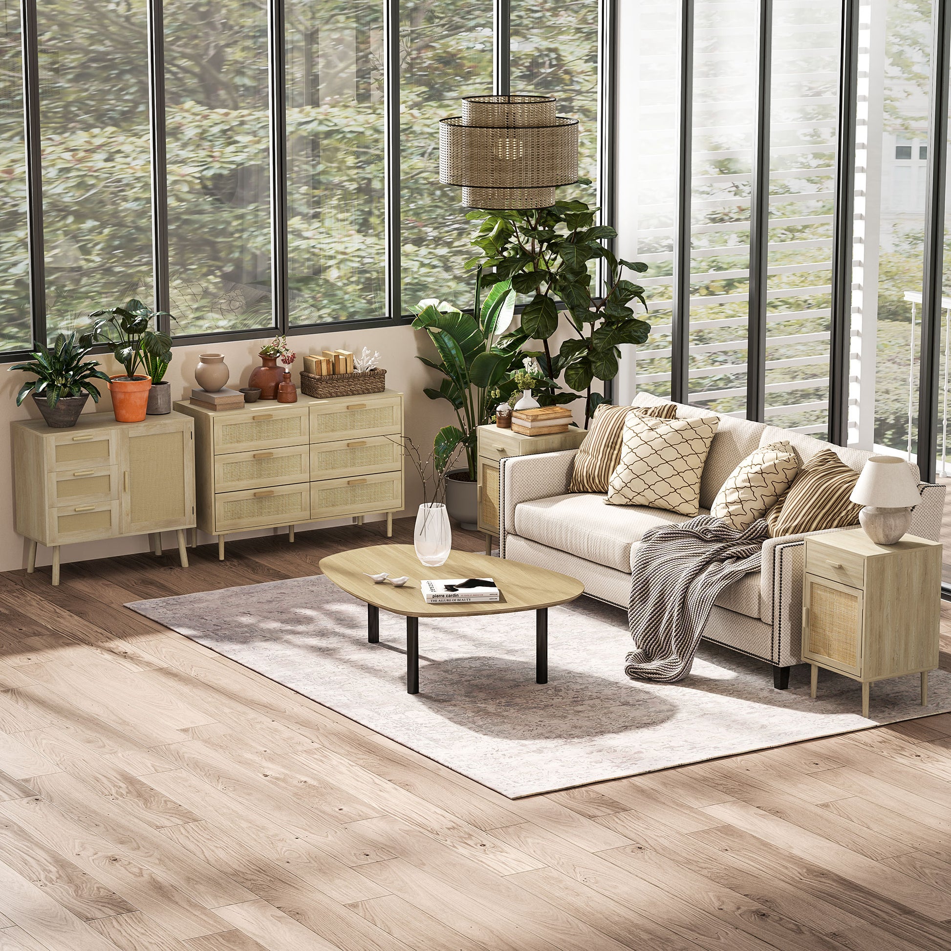 HOMCOM Chest of Drawers, 6-Drawer Dresser, Tall Storage Drawer Unit with Rattan Element for Bedroom, Living Room, Oak