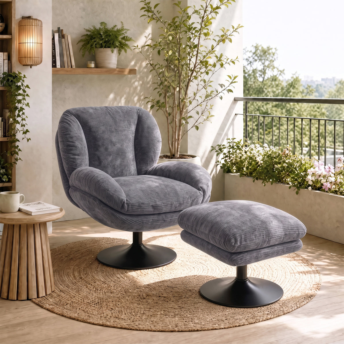 HOMCOM Modern Chenille Lazy Chair with Ottoman, 360Â° Swivel, Upholstered Reading Seat Set for Living Room, Dark Grey