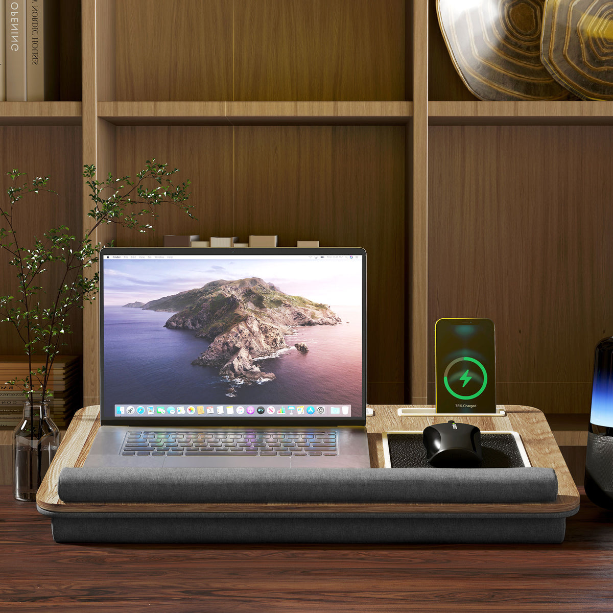 HOMCOM Lap Desk for Bed Sofa, Laptop Tray with Cushion Mouse Pad, Wrist Rest & Phone Holder, Fits Up to 15.6" Laptops, Oak Grey