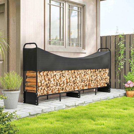 Outsunny 8.5ft Firewood Rack, Heavy Duty Log Storage Holder with Waterproof 600D Oxford Log Cover for Fireplace Fire Pits Outdoor Patio Wood Storage, 300 kg Large Capacity, Black
