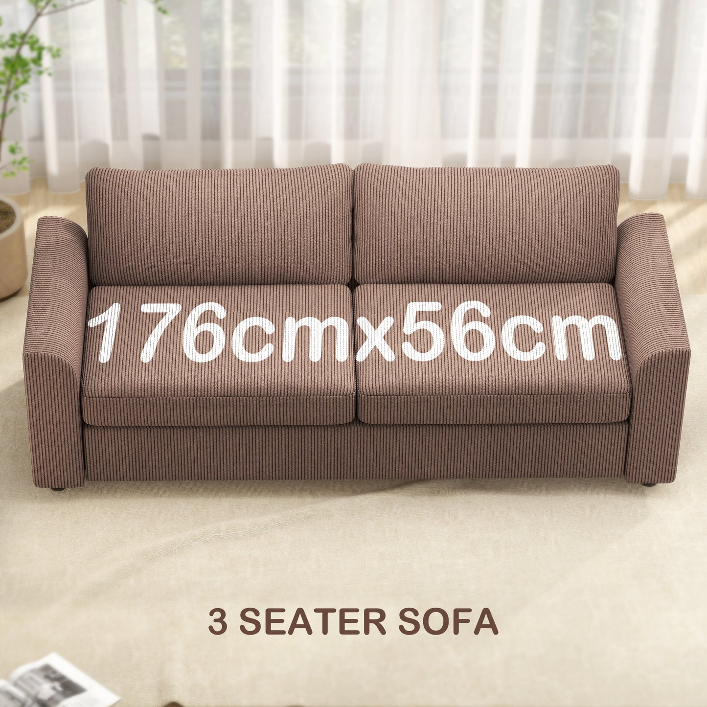 HOMCOM Modern 3 Seater Sofa with Spring Cushion, 212 cm Fabric Jumbo Cord Sofa Couch with 2 Scatter Cushions, Upholstered Corduroy Settee for Living Room, Bedroom, Home Office, Coffee