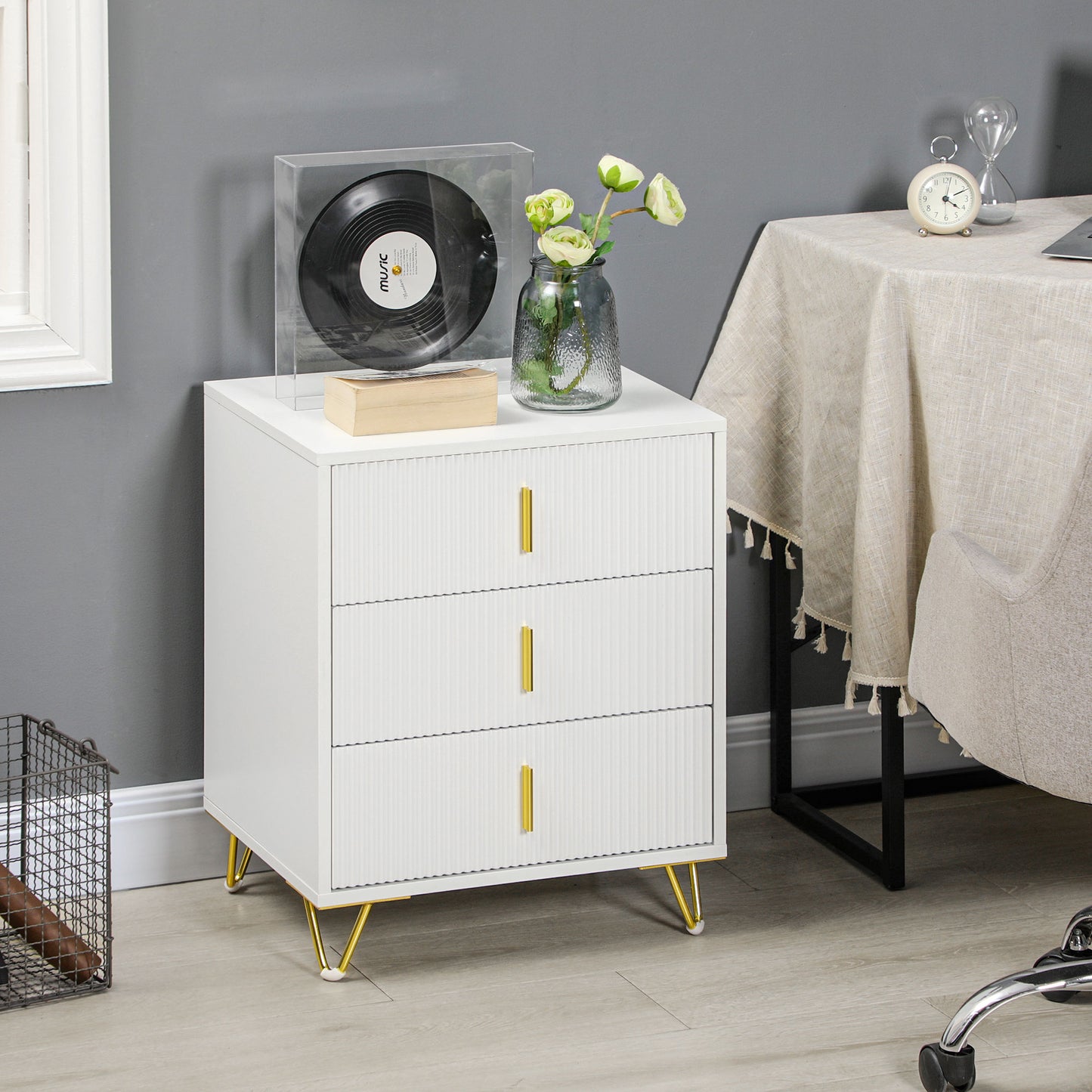 HOMCOM Set of 2 Elegant Chest of Three Drawers - White/Gold-Tone