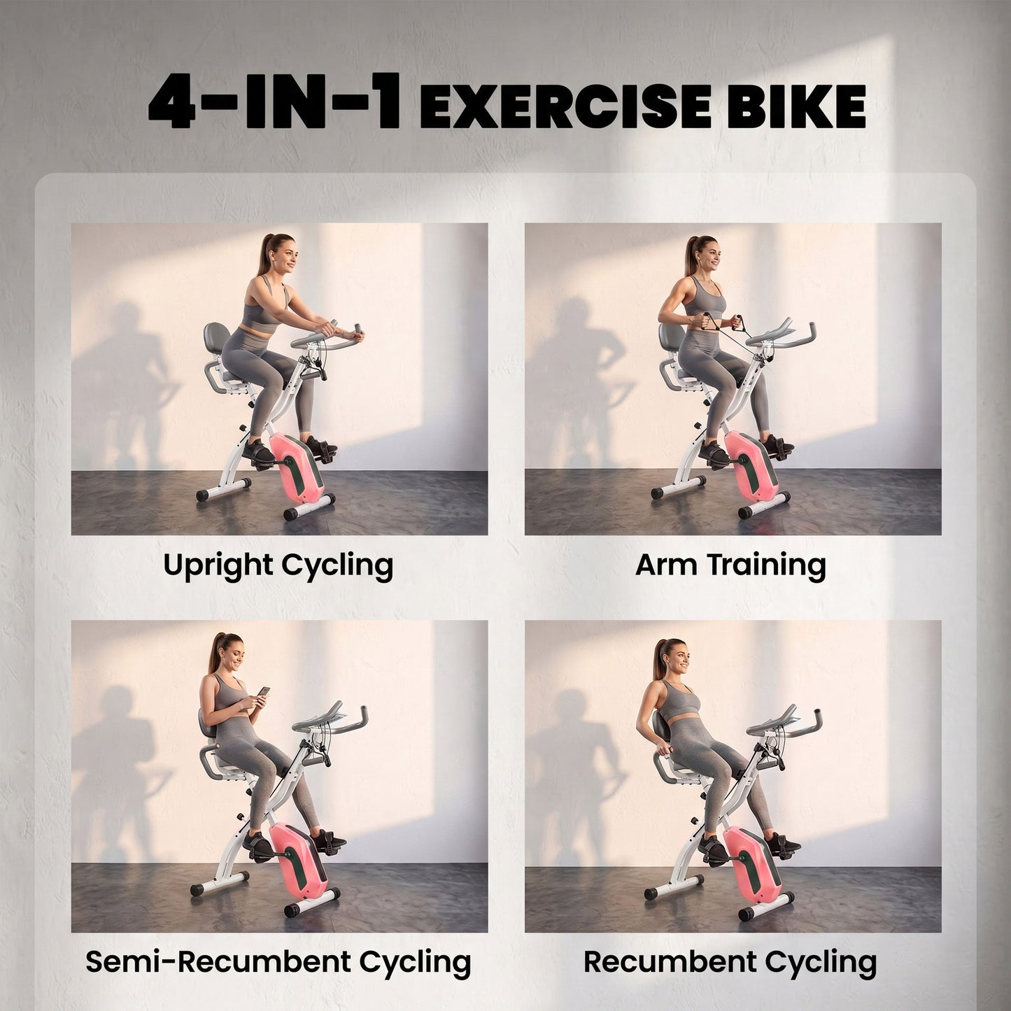 SPORTNOW 4-In-1 Folding Exercise Bike with Resistance Bands, Bluetooth App, 8-Level Magnetic Resistance, LCD Display, Pink