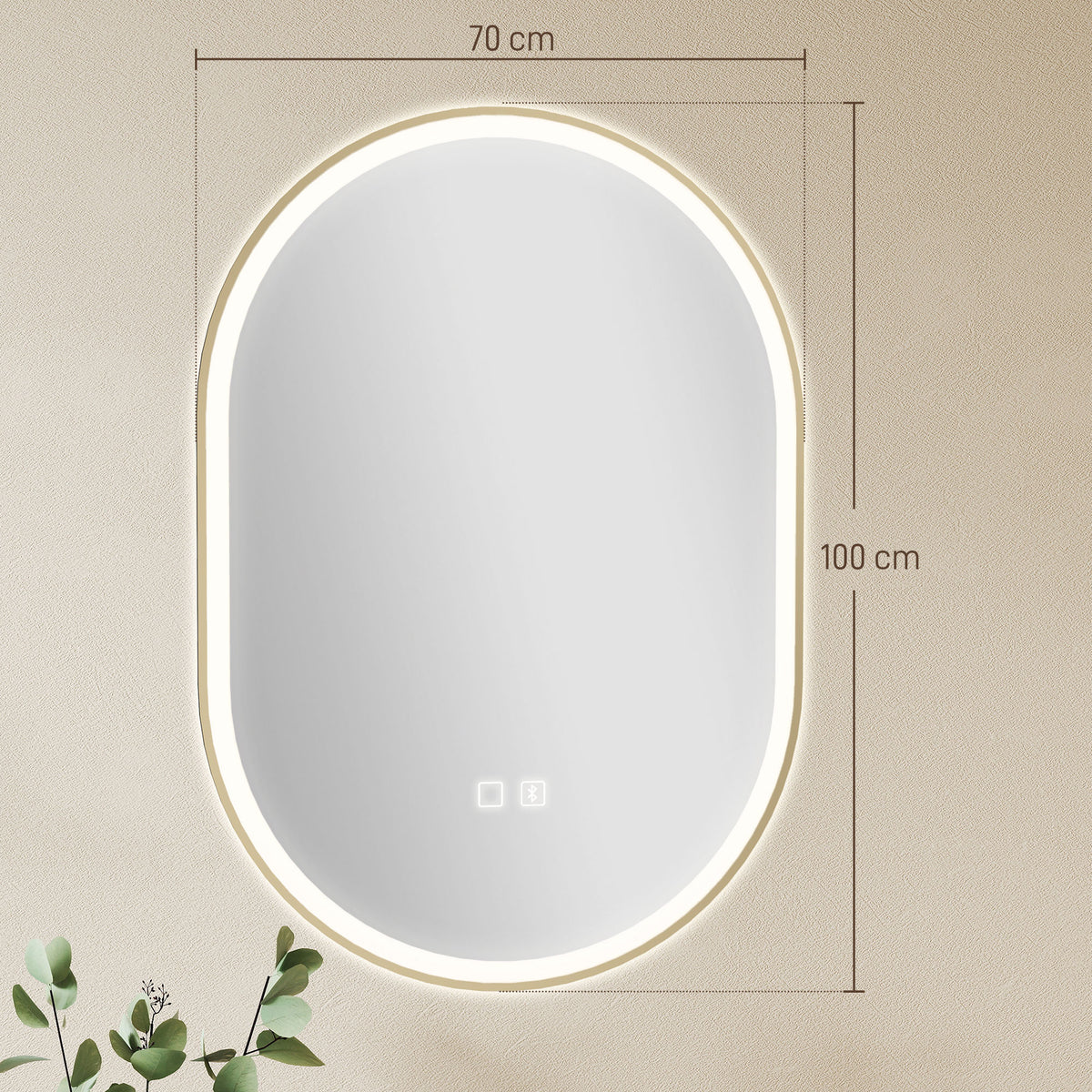 HOMCOM Bathroom Mirror with LED Lights, 100x70cm Oval Bathroom Mirror, Dimmable, Bluetooth, Anti-Fog, Gold Tone