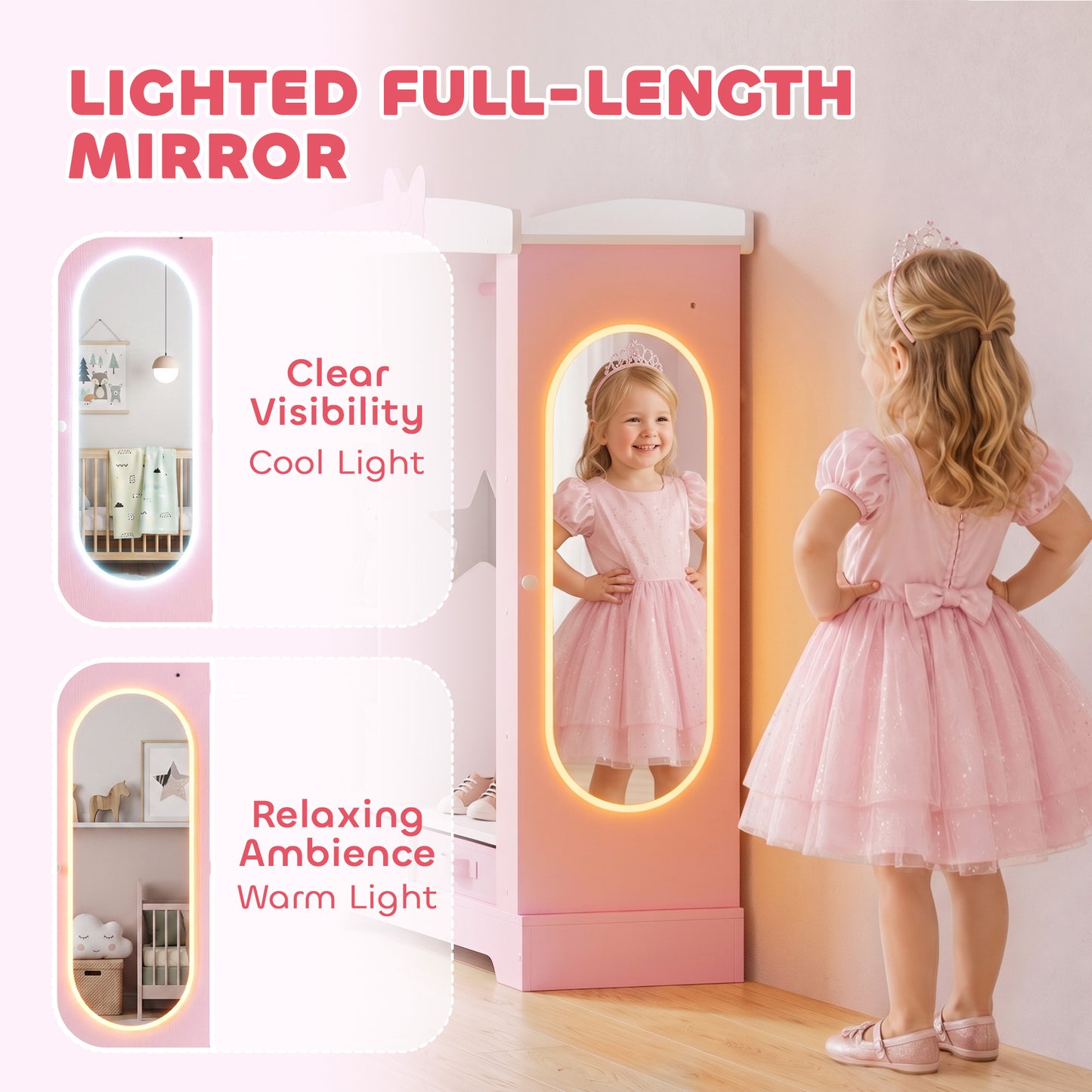 AIYAPLAY Kids Wardrobe with Lighted Mirror, Clothes Rail, Jewelry Cabinet, Shelves, Storage Boxes for Bedroom, Nursery, Pink