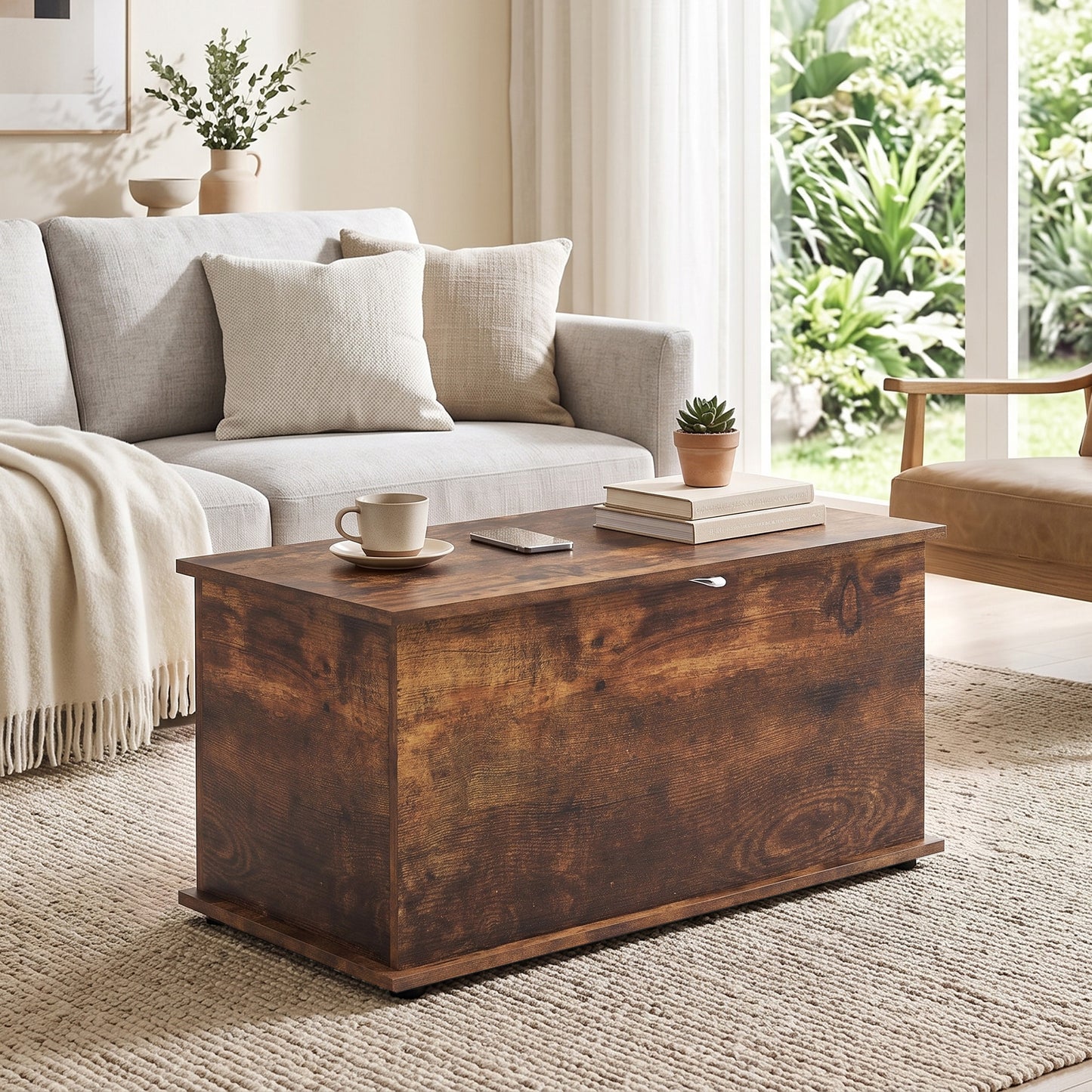 HOMCOM Storage Chest, 102L Blanket Box, Shoe Bench Safety Hinged Lid, Bed End Bench for Bedroom, 80 x 40 x 45cm, Rustic Brown