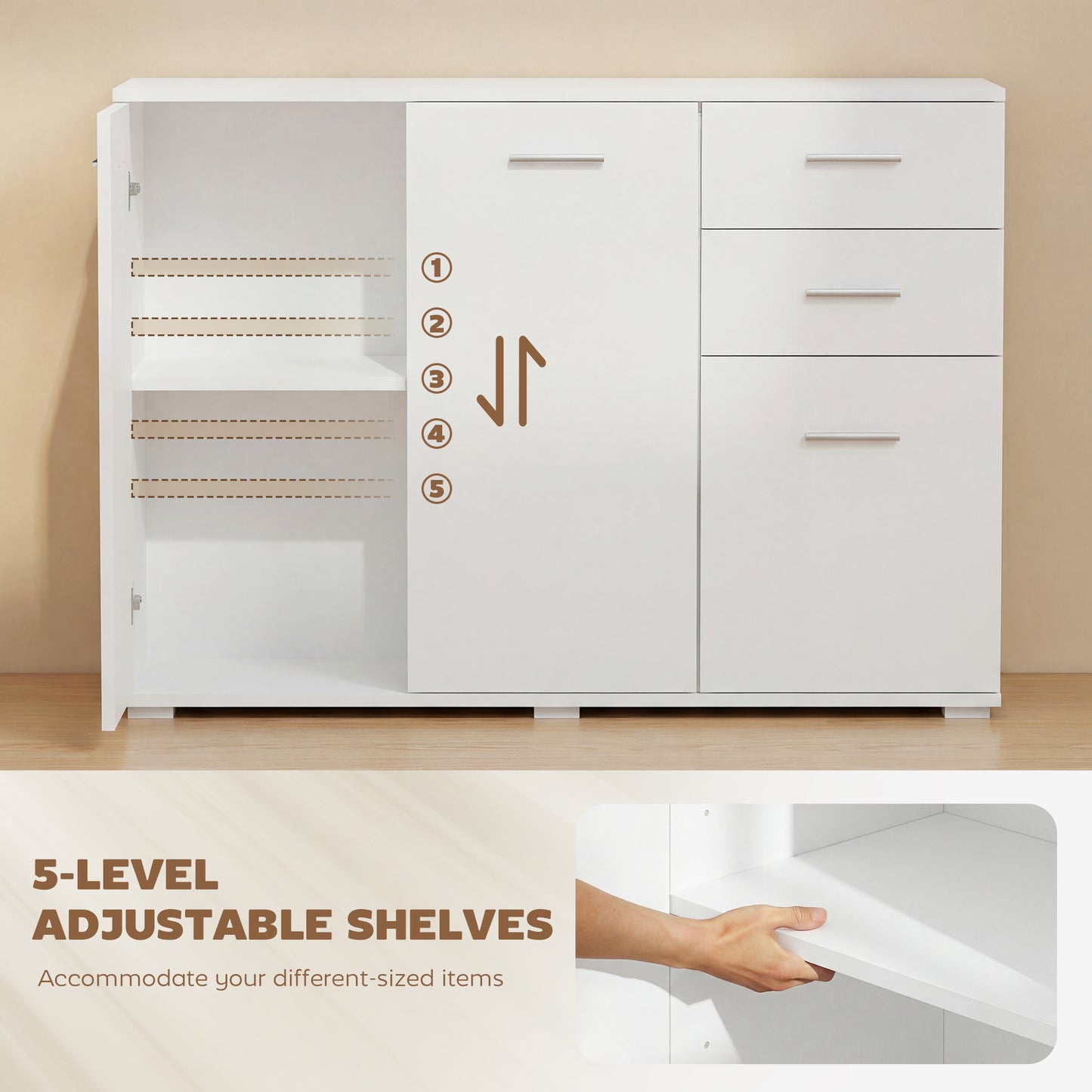 HOMCOM Sideboard, Modern Storage Cabinet with 2 Drawers, 3 Doors and Adjustable Shelves, White