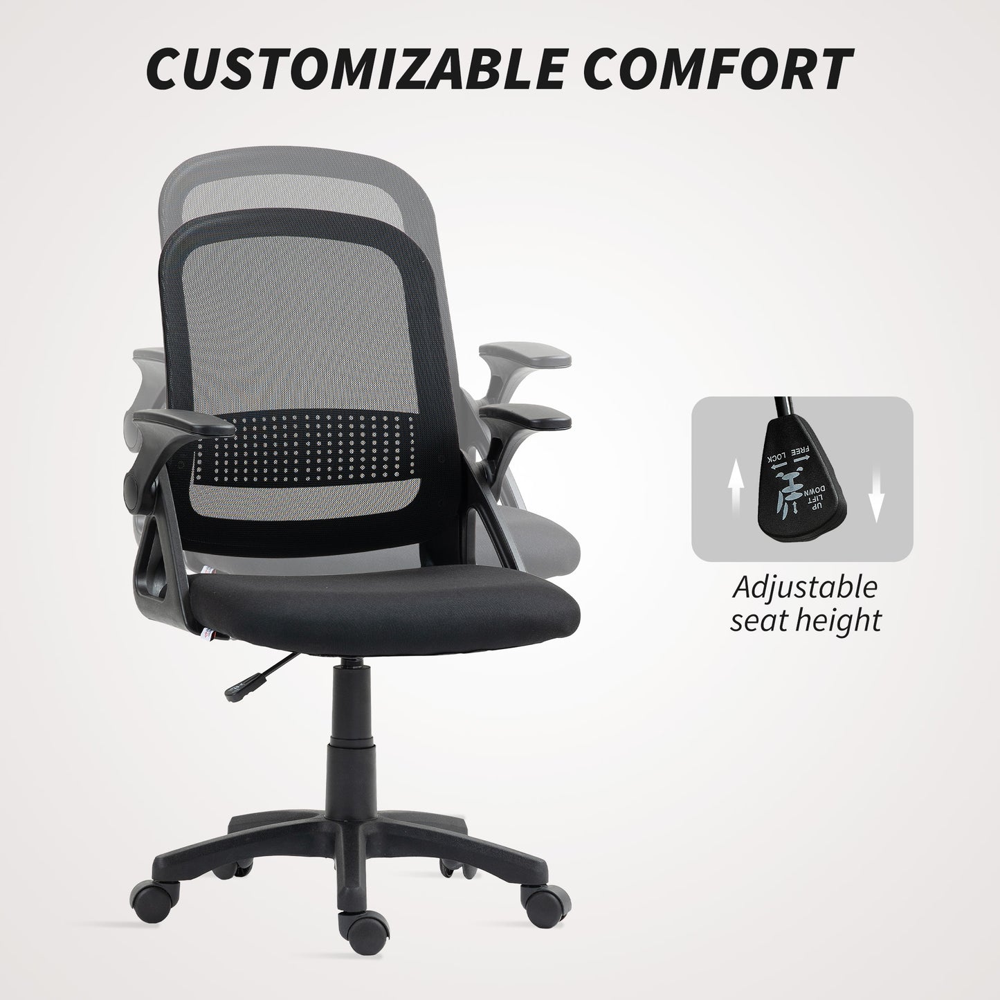HOMCOM Breathable Mesh Office Chair, Ergonomic Swivel Computer Chair with Flip-up Armrests, Lumbar Back Support for Home/Office, Black