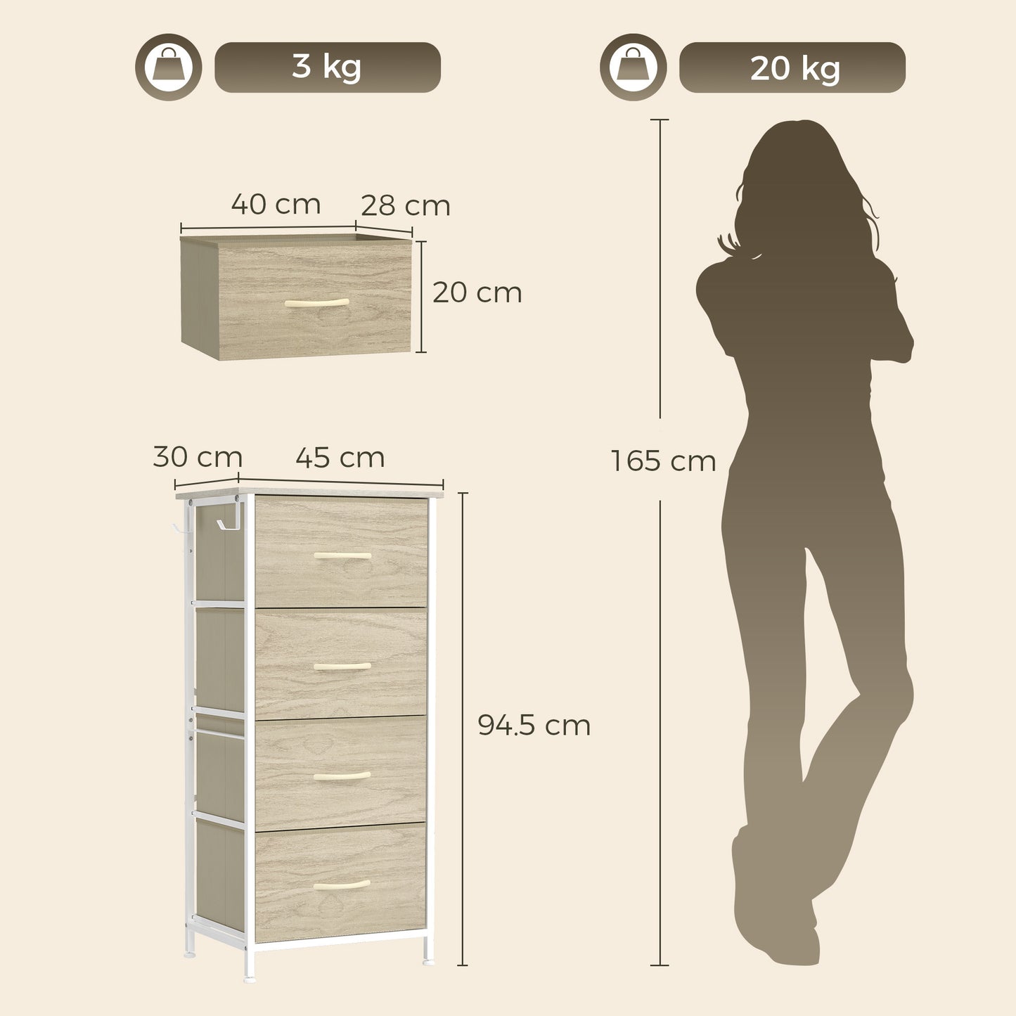 HOMCOM Chest of Drawers, Dresser with 4 Fabric Drawers, Tall Storage Unit with 4 Pockets and 2 Hooks, Steel Frame, Natural Wood