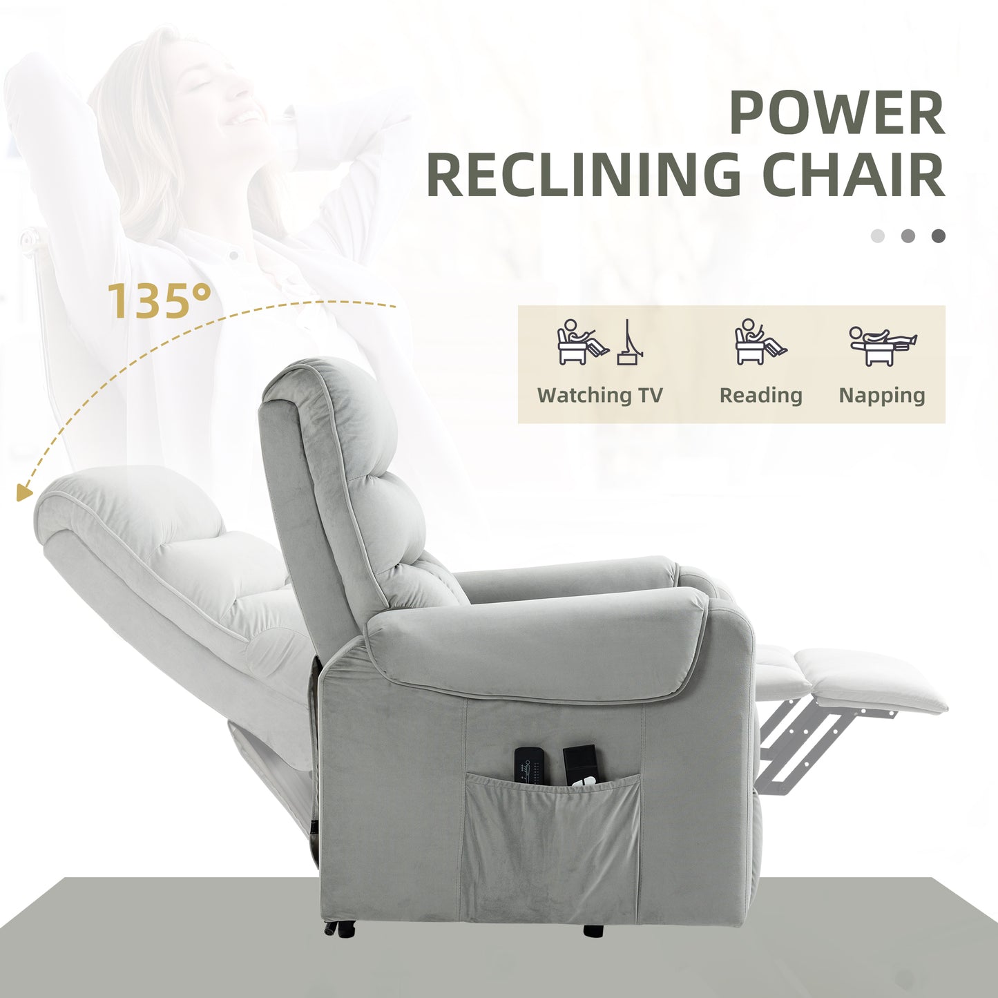 HOMCOM Vibration Massage Rise and Recliner Chair, Electric Power Lift Recliner with Remote Control and Side Pockets, Grey