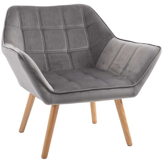 HOMCOM Accent Chair, Velvet Upholstered Vanity Tub Chair with Flared Armrests, Slanted Back, Solid Wood Legs, Comfy Padding Armchair, Home Bedroom Furniture Seating, Grey