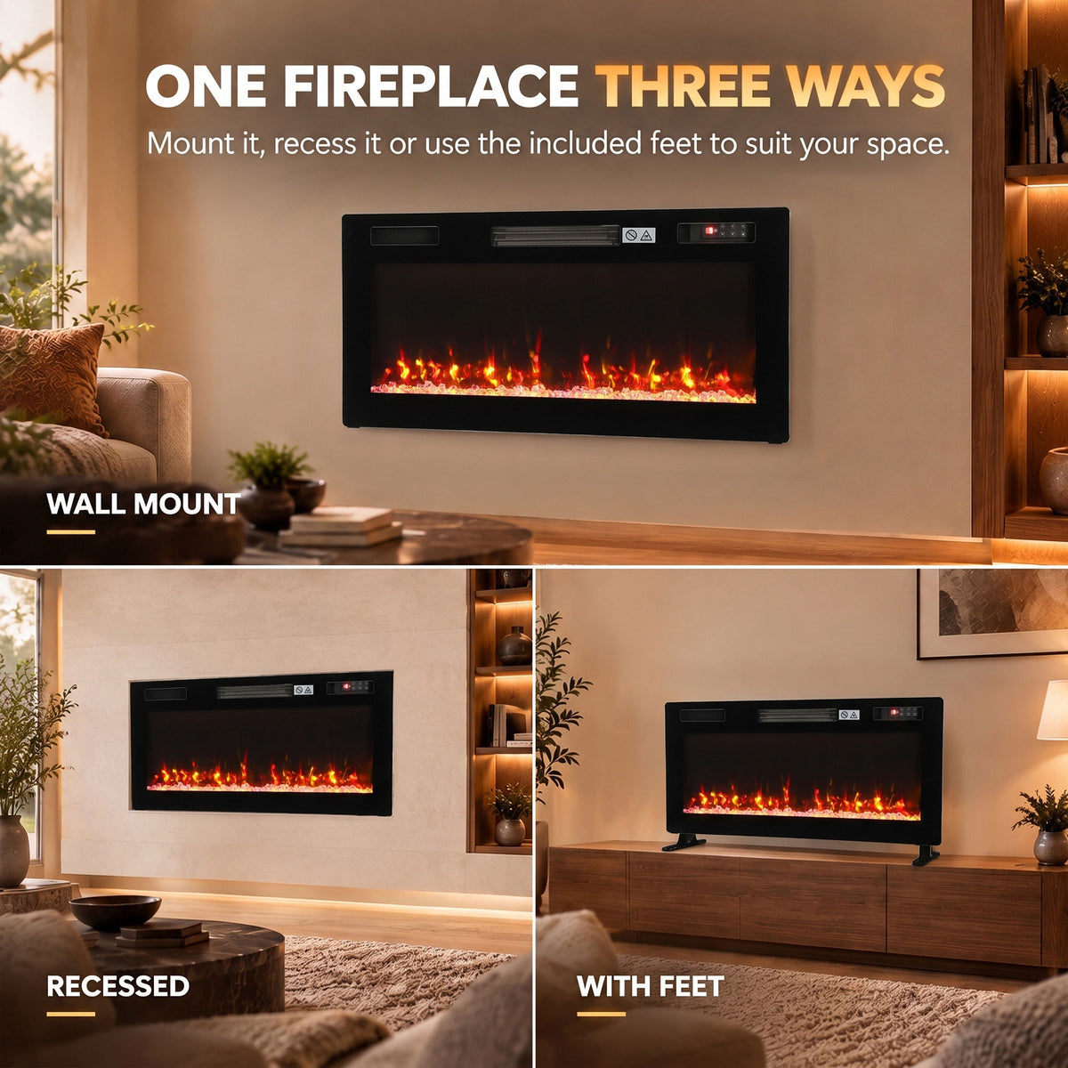 HOMCOM Ultra-Thin Electric Fire Wall Mounted/Recessed/Freestanding 92cm/36" Electric Fireplace with 12 Colours, 5 Brightness