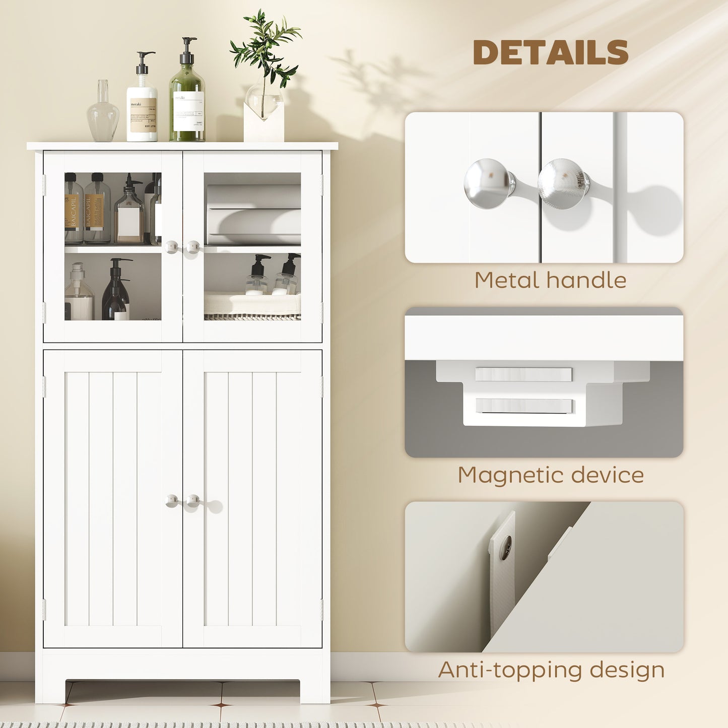 kleankin Bathroom Floor Cabinet, Freestanding Kitchen Cupboard with 2 Drawers, Adjustable Shelves and Tempered Glass Door, Wooden  Storage Unit for Living Room Kitchen Hallway