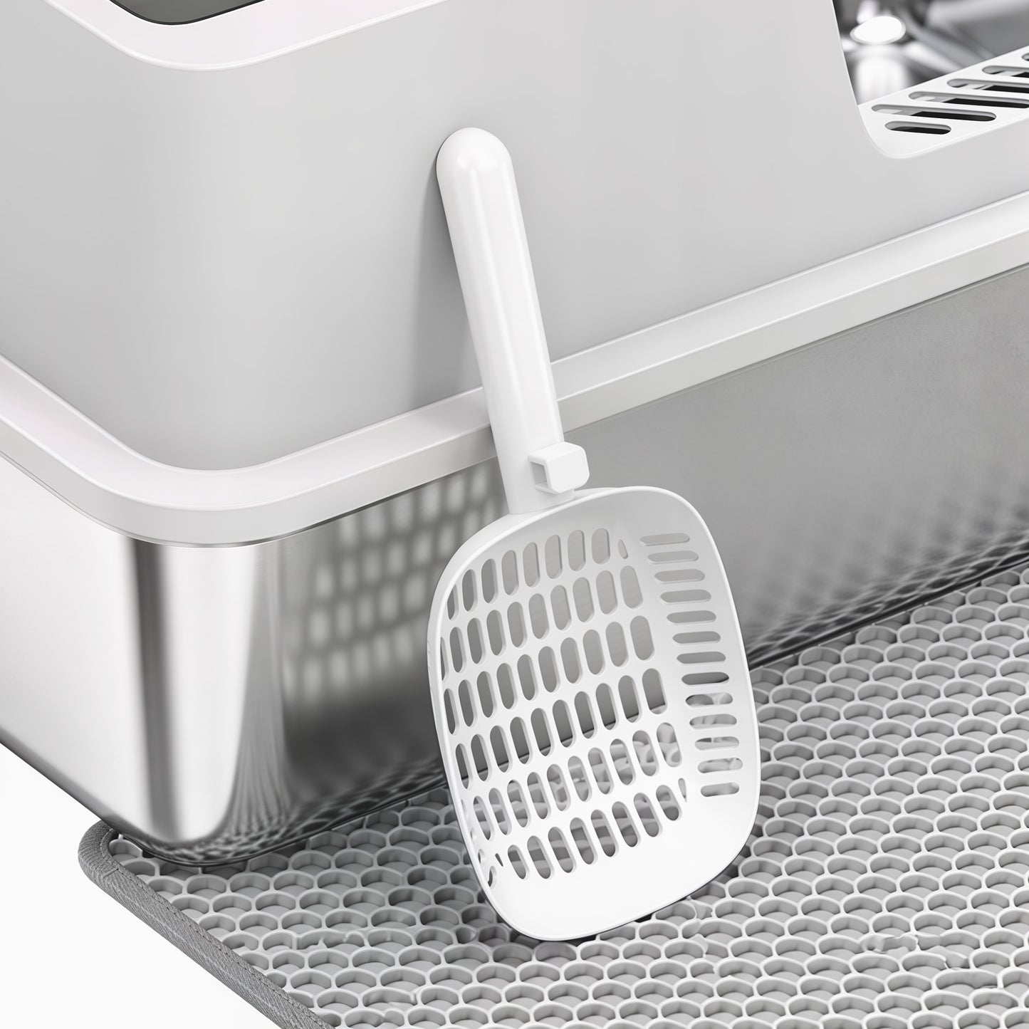 PawHut XL Stainless Steel Cat Litter Tray with Lid, High Sided Cat Litter Box with Scoop and Mat, Light Grey