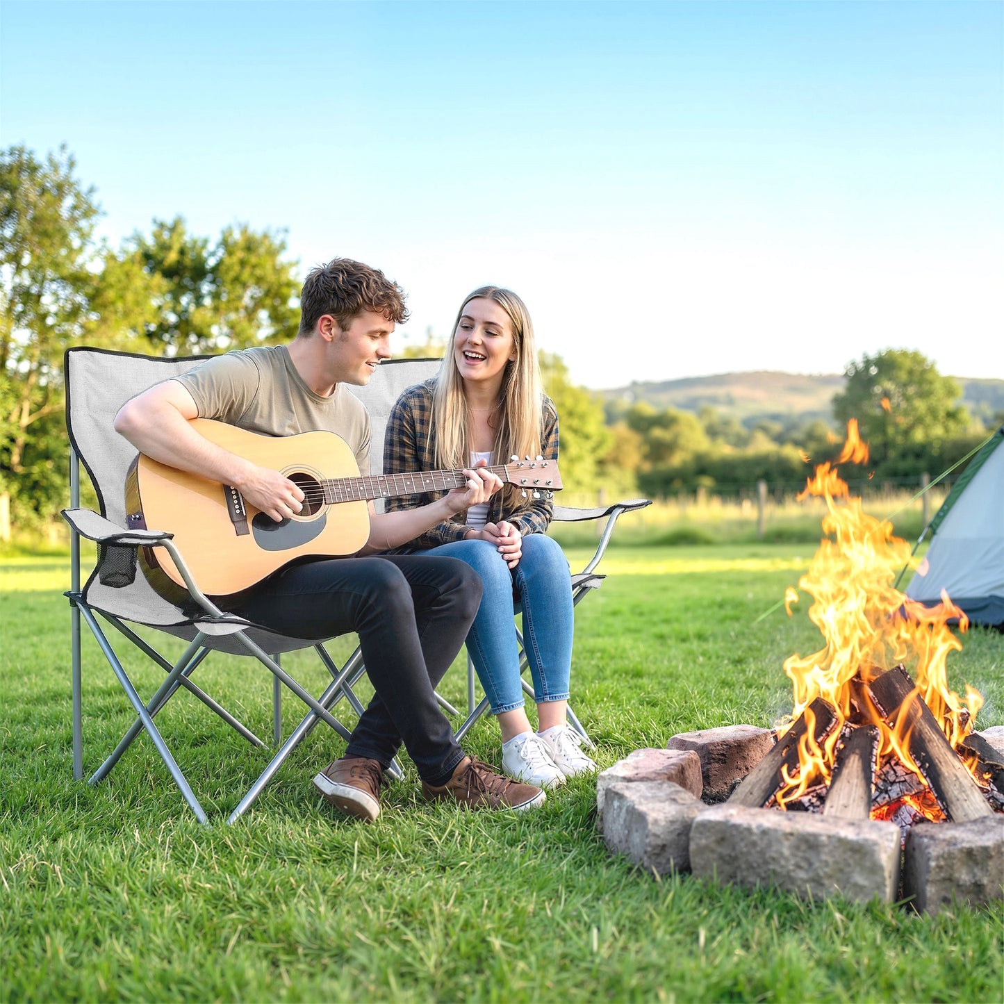 Outsunny Camping Chair Set of 2 Portable Folding Outdoor Camp Chair with Cup Holders and Carry Bag Grey