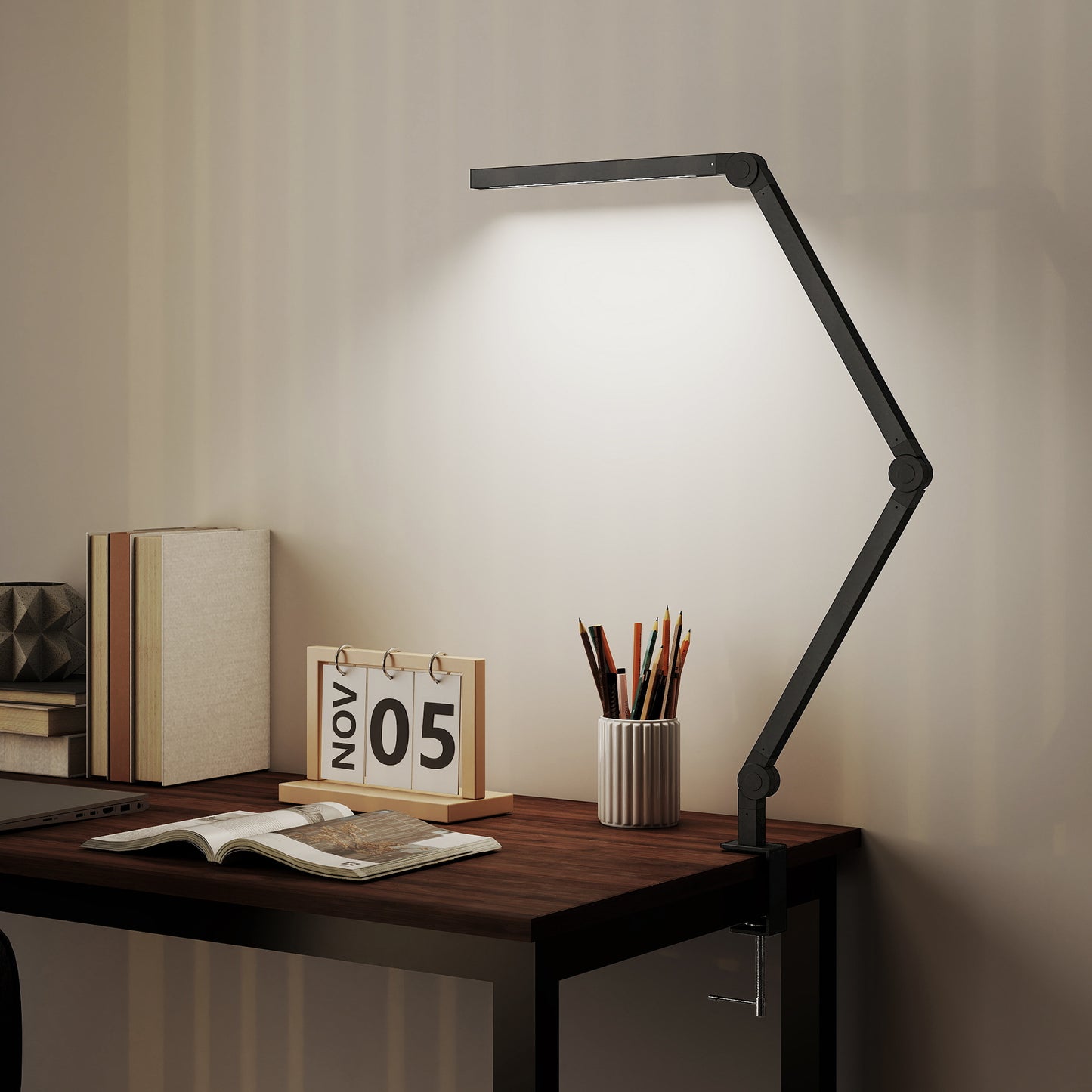 HOMCOM LED Desk Lamp, Dimmable Desk Light with Swing Arm and Clamp, Adjustable Eye-Caring Table Lamp with 2 Colour Modes & 5 Brightness Levels for Study, Drawing, Office, Architect, Task, Black