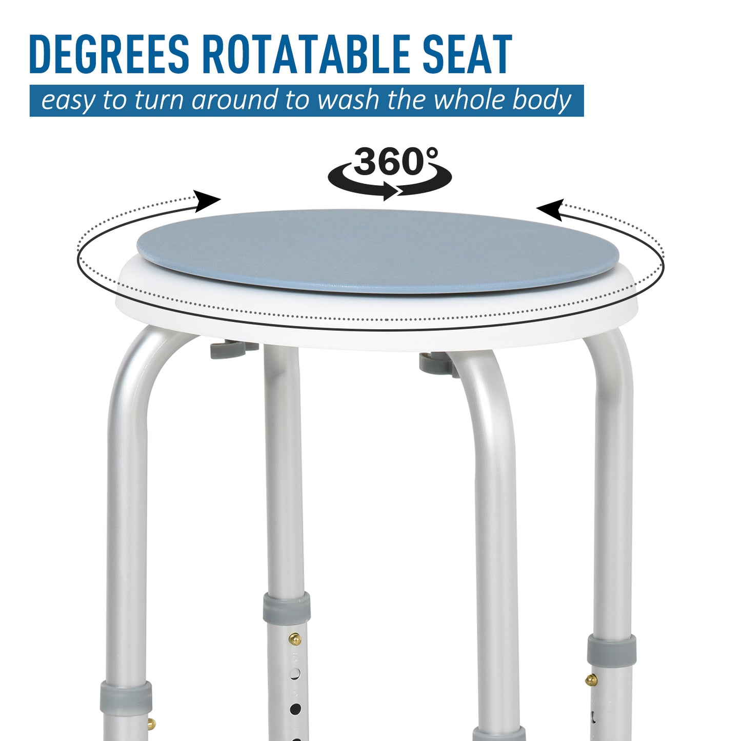 HOMCOM 360Â° Swivel Shower Chair, Height Adjustable Aluminium Shower Stool with Non-Slip Feet for Disabled, Elderly, Light Blue