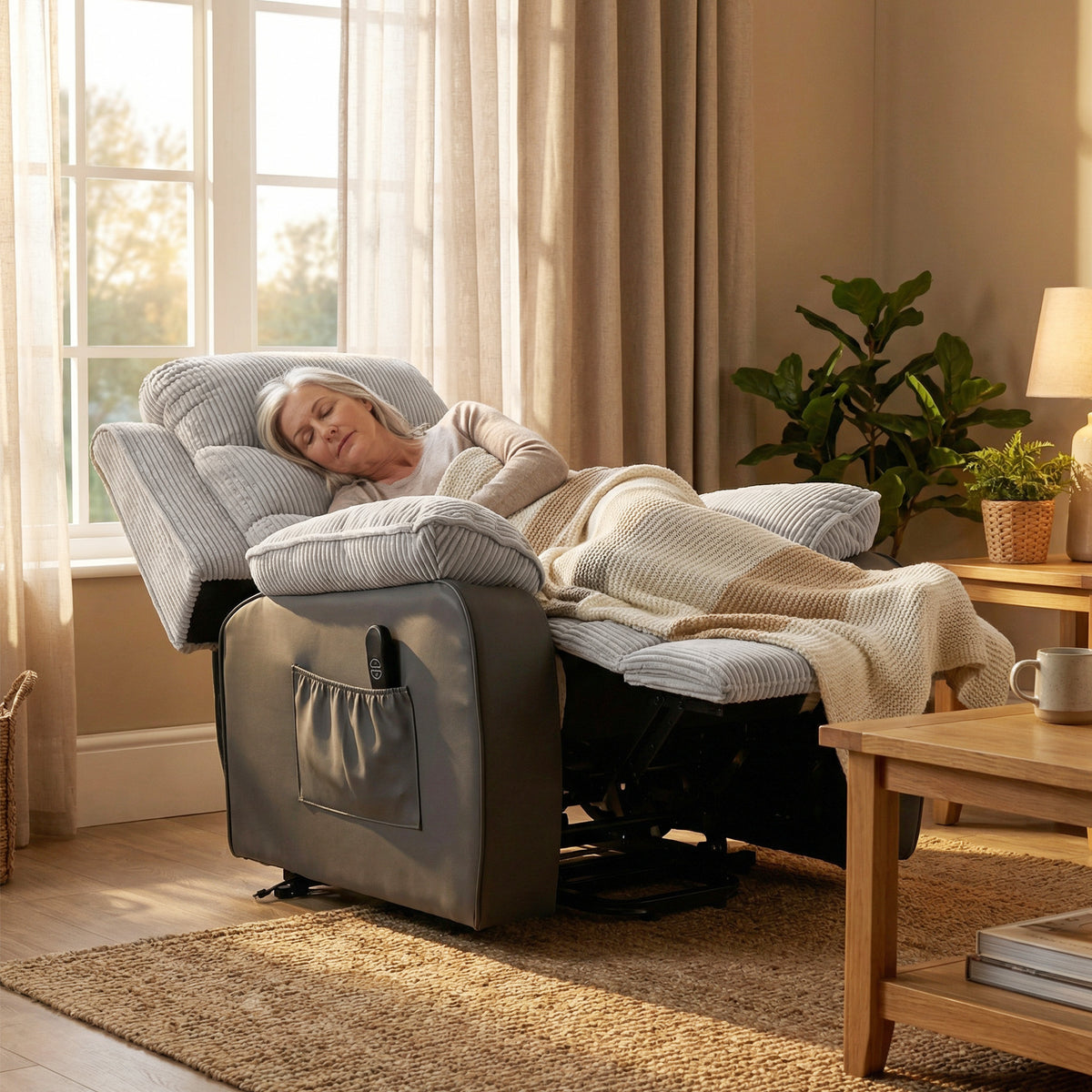 HOMCOM Power Lift Chair for Elderly, Corduroy Recliner with Wide Seat, High Back, USB Port, Side Pockets, Light Grey