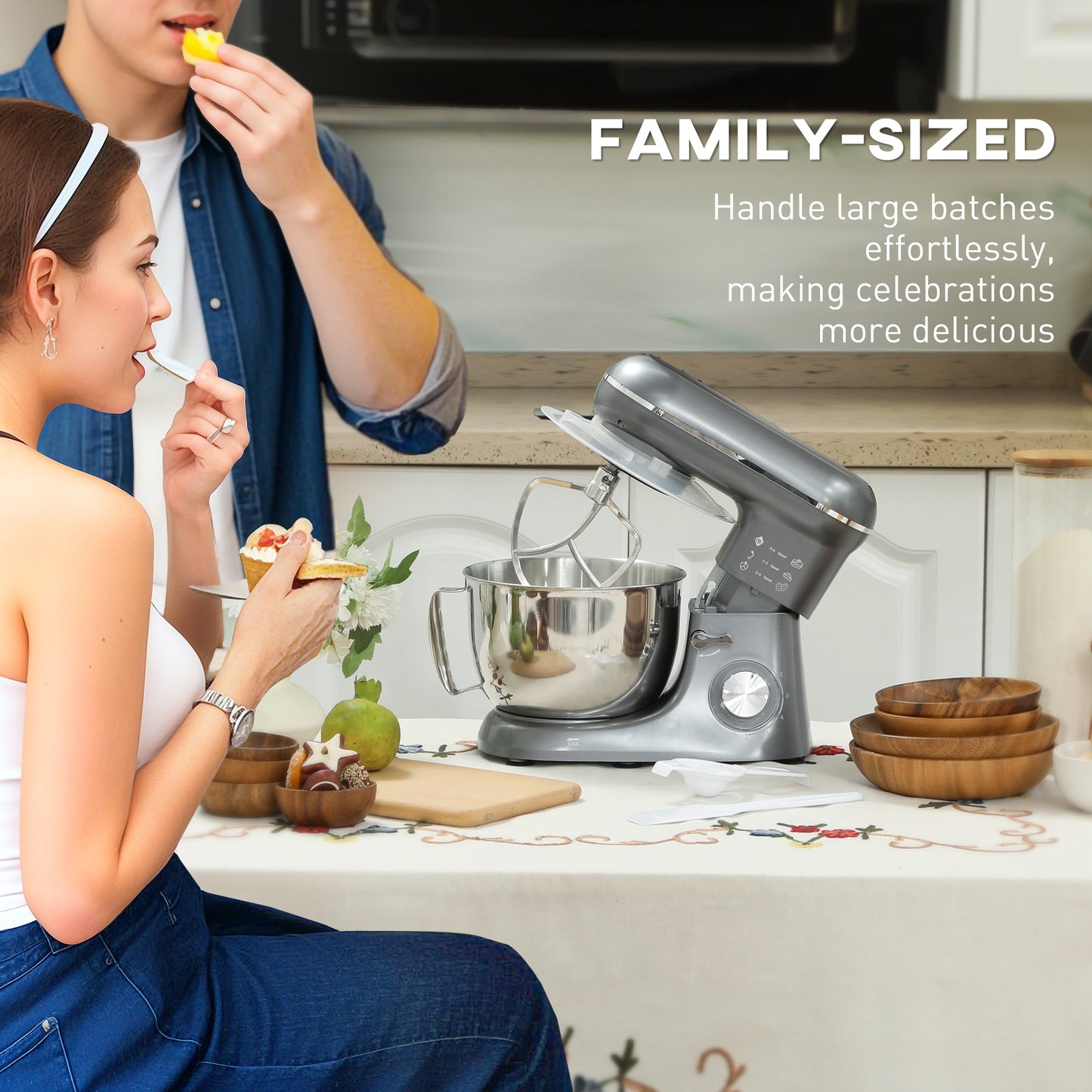 HOMCOM 1300W Kitchen Stand Mixer, with Accessories - Silver